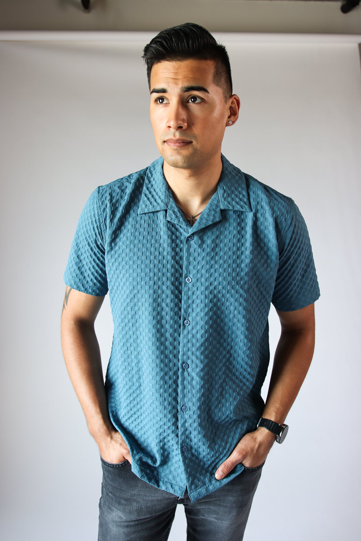 Embossed Grid Button Up Blue