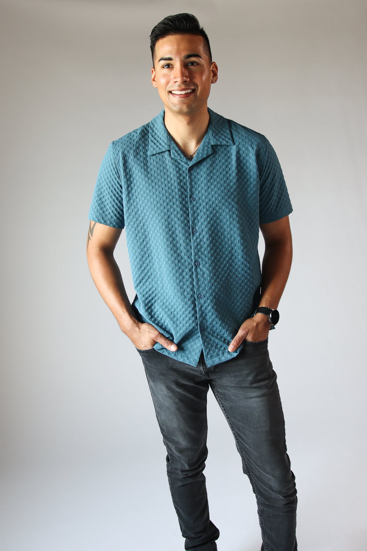 Embossed Grid Button Up Blue
