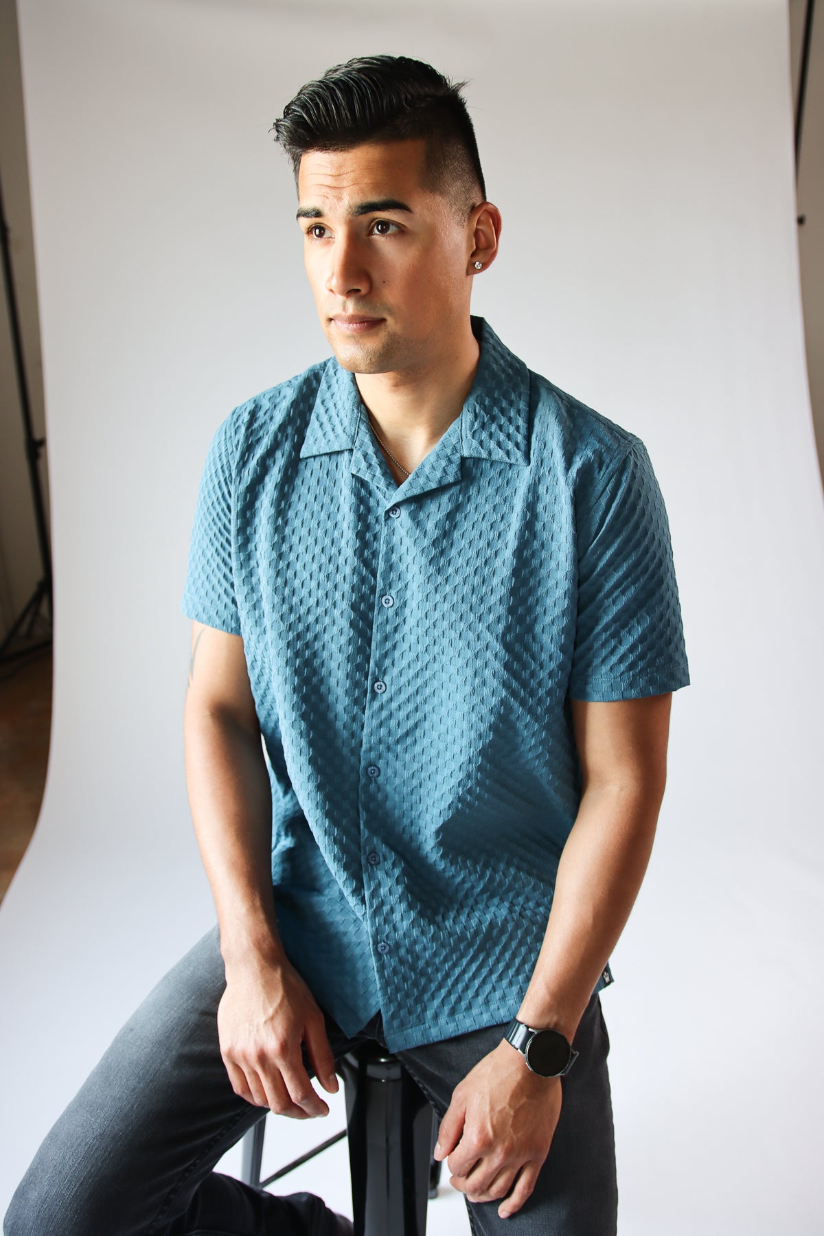 Embossed Grid Button Up Blue