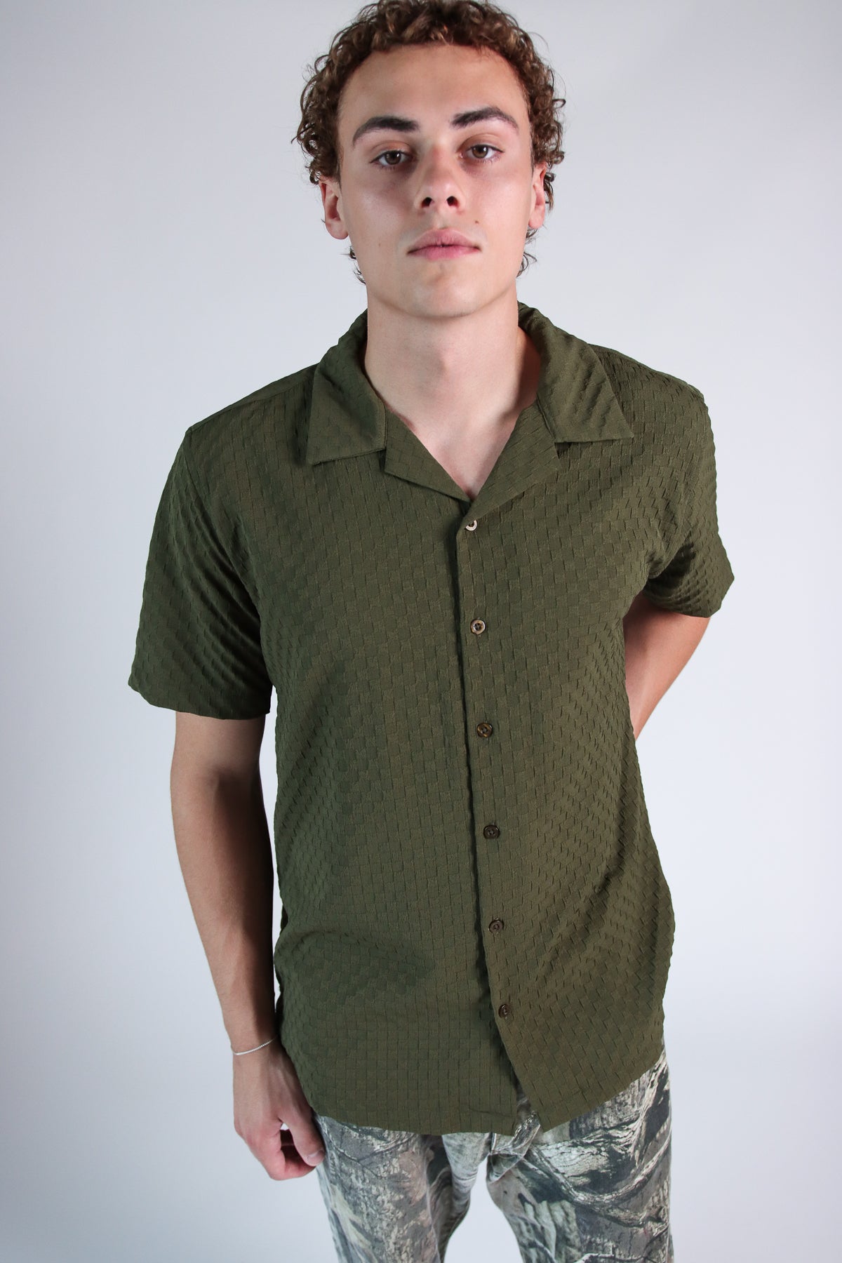 Embossed Grid Button Up Shirt