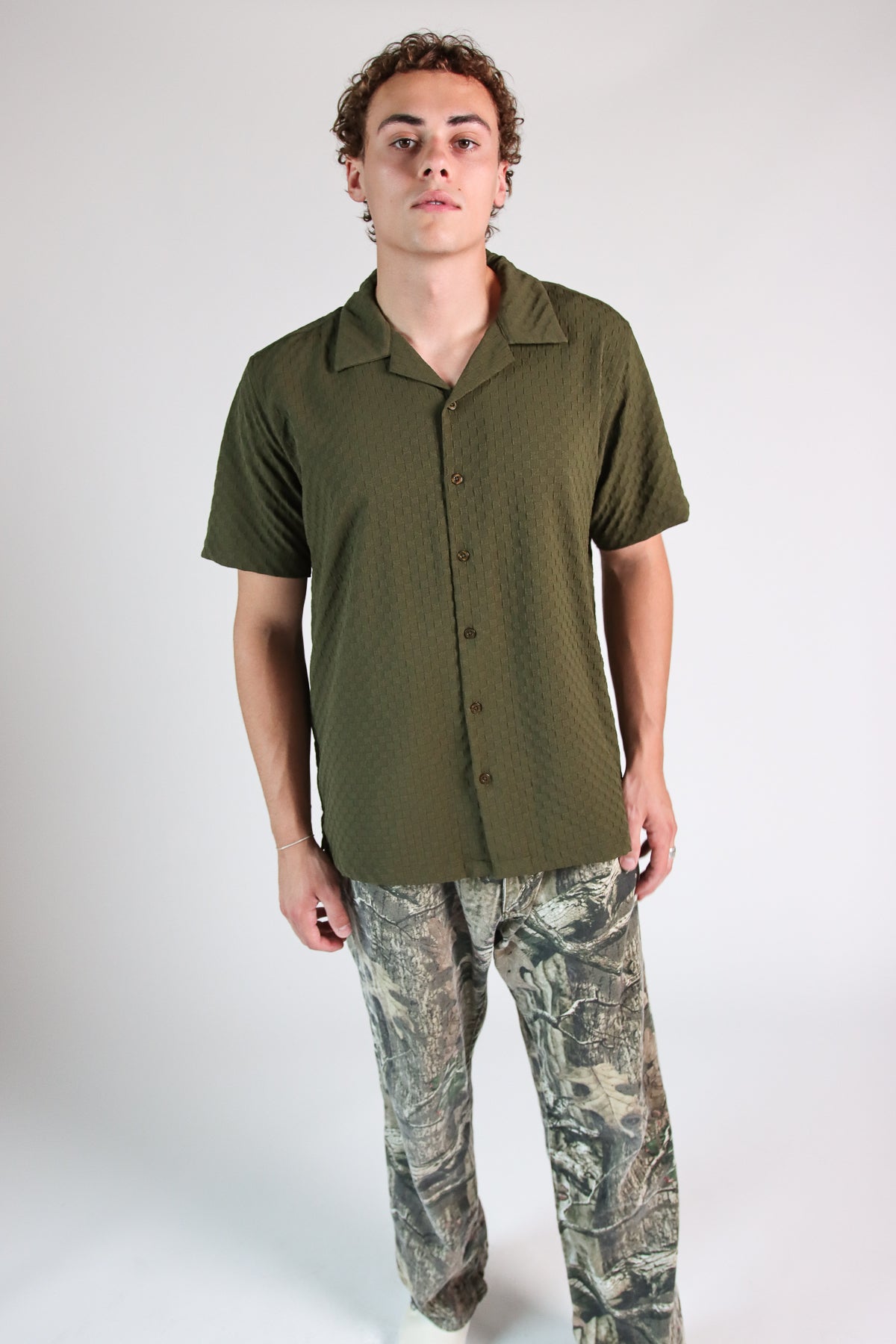 Embossed Grid Button Up Shirt