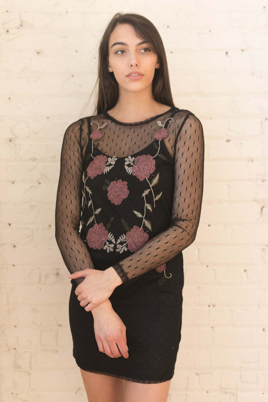 Long Sleeve Embroidered Mesh Dress