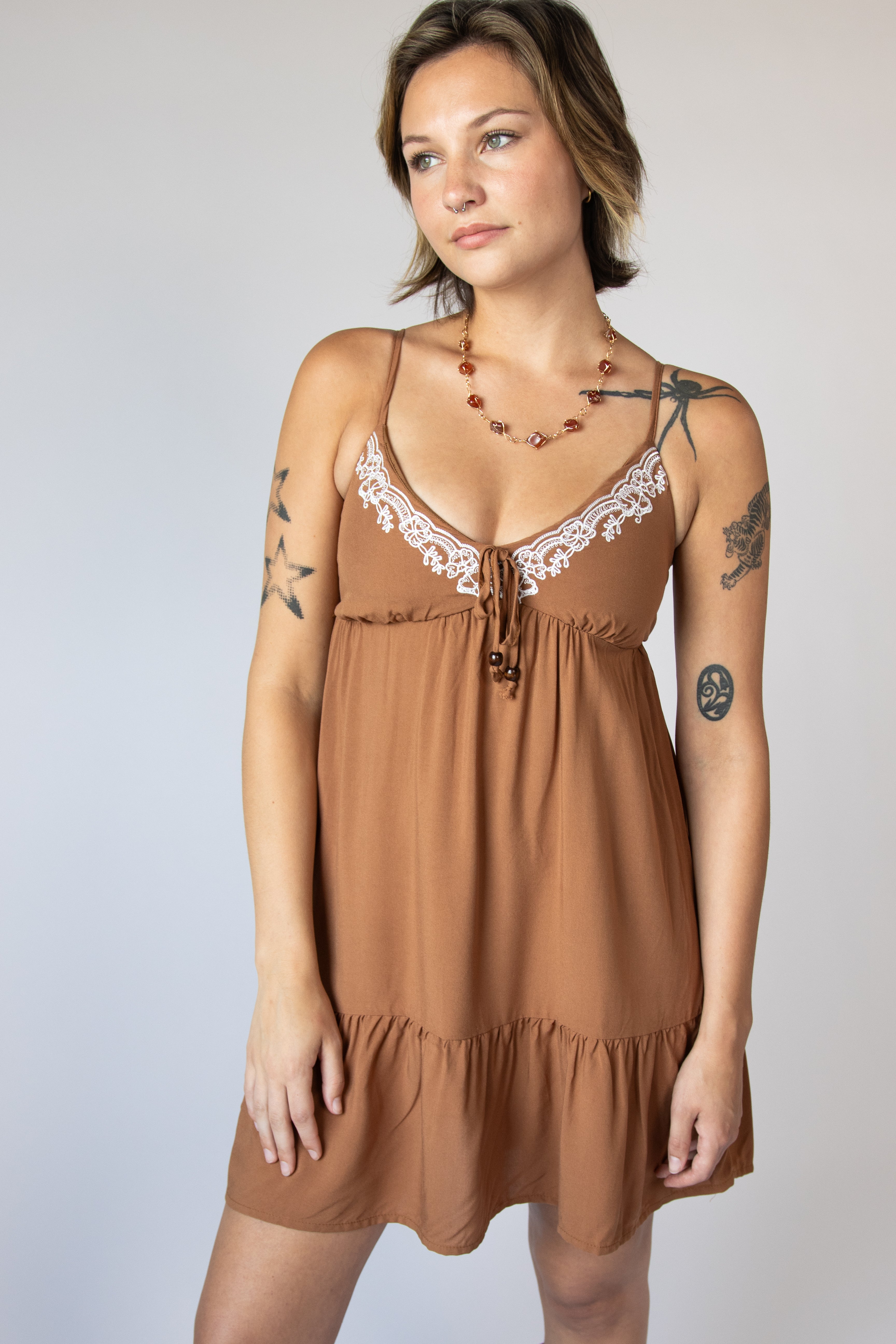 Beaded Tie Embroidered Babydoll Mini Dress