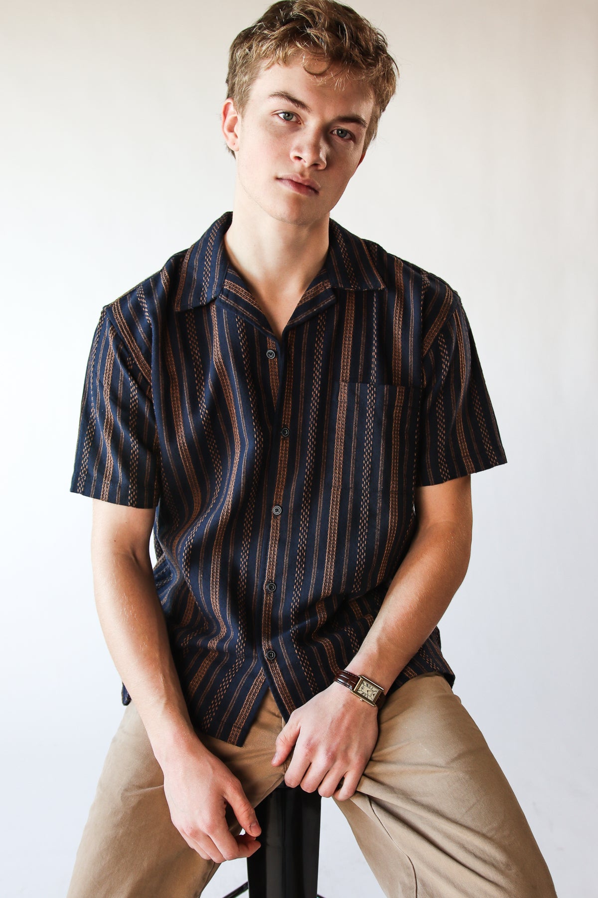 Embroidered Weave Striped Button Up Shirt