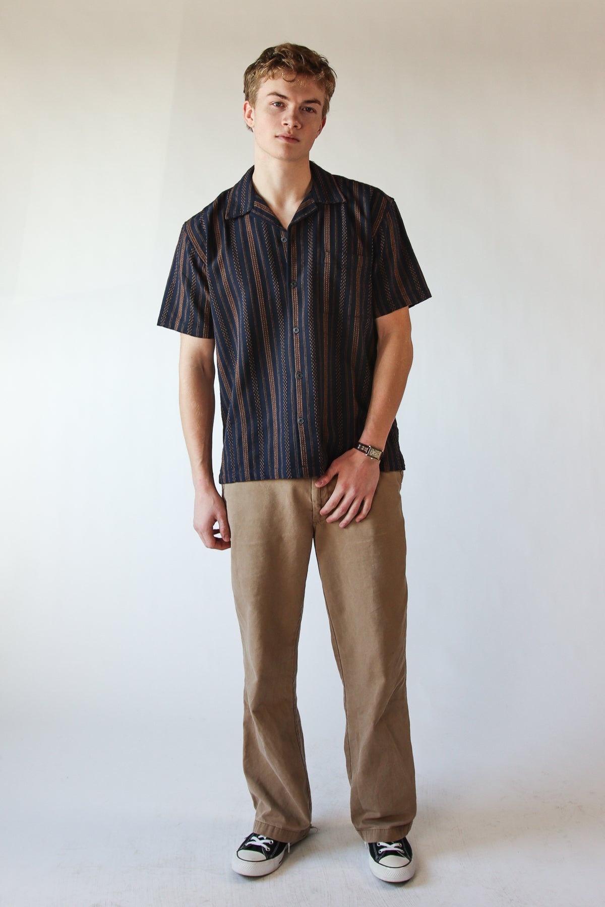 Embroidered Weave Striped Button Up Shirt