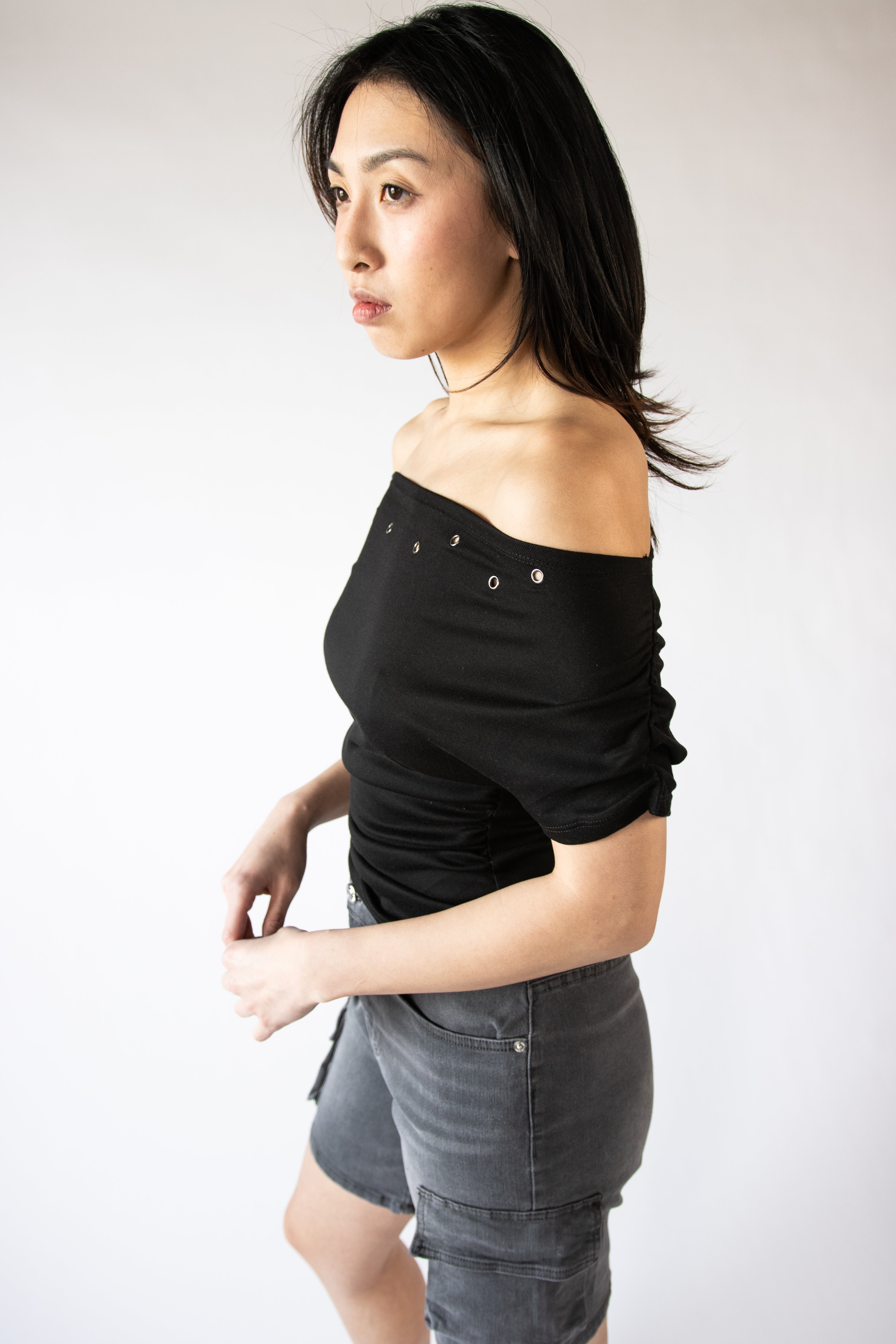 Off The Shoulder Ruched Grommet Top