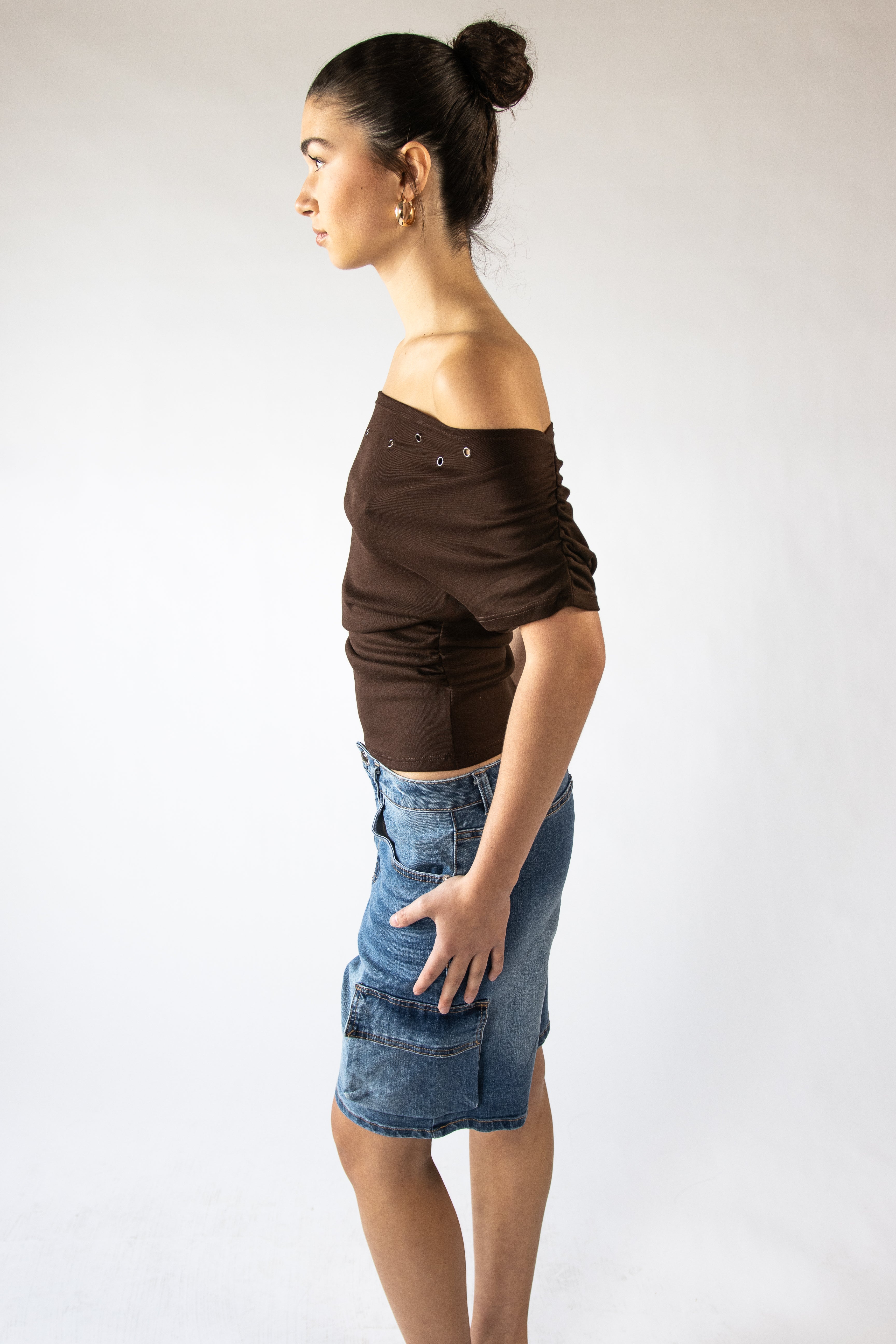 Off The Shoulder Ruched Grommet Top