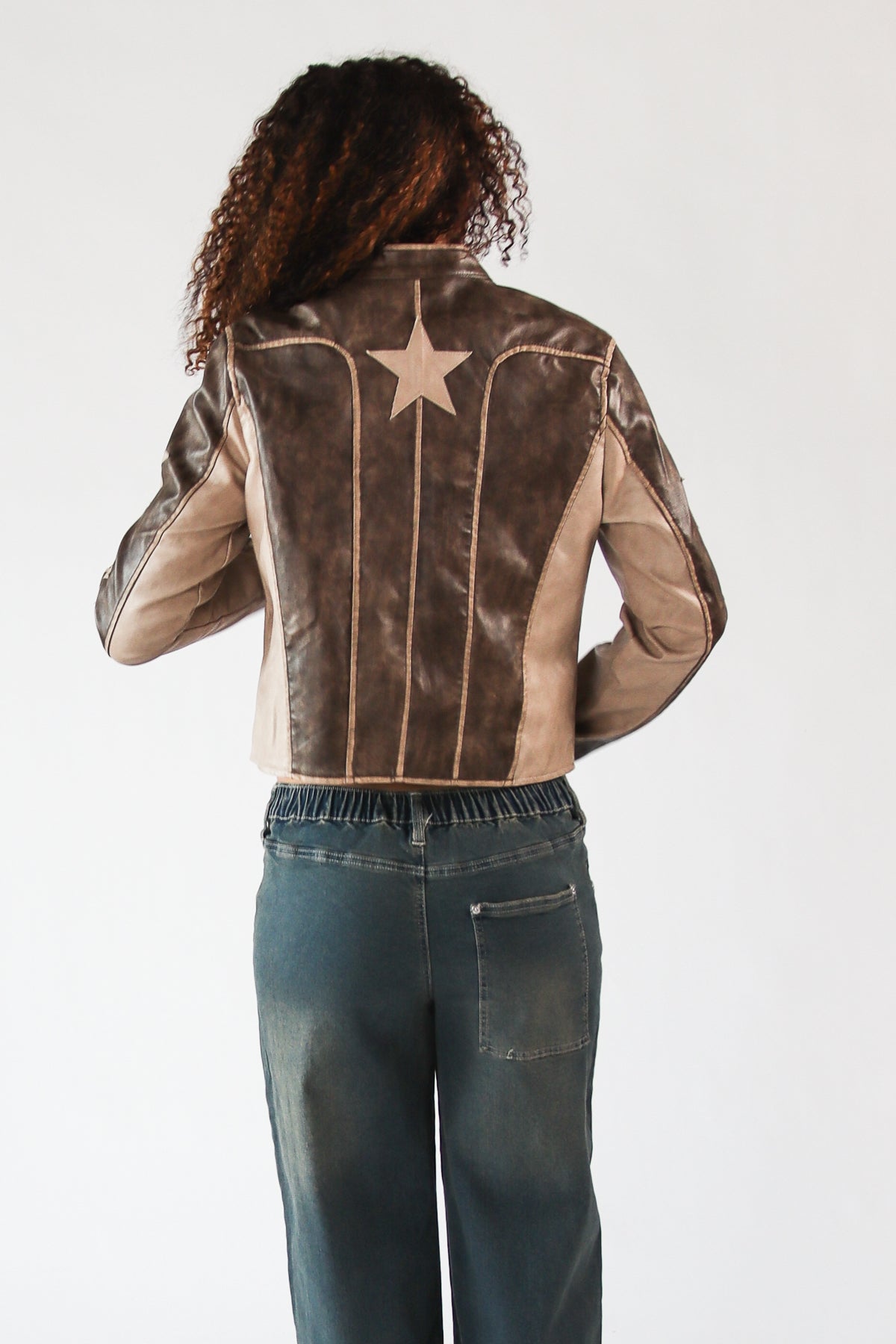 Star Sleeve Brown Moto Jacket
