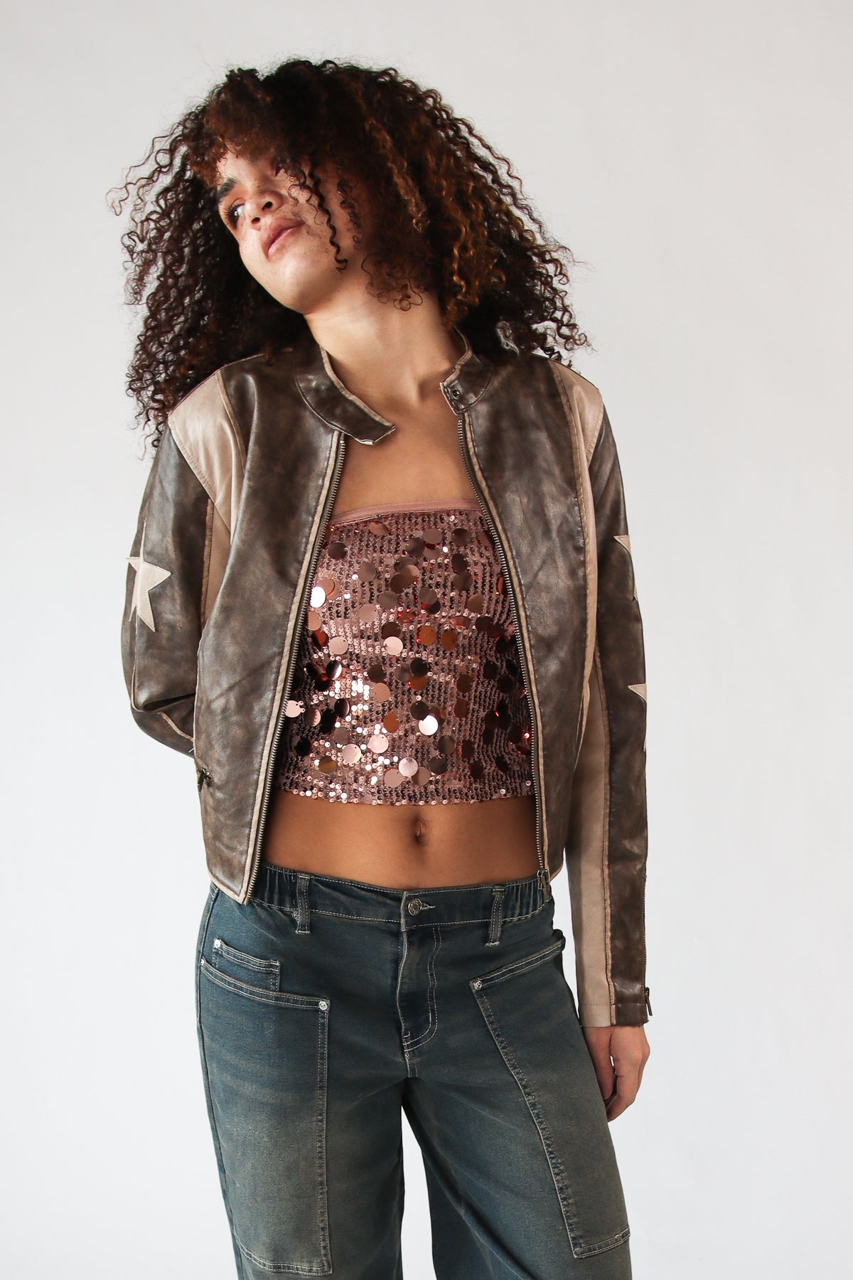 Star Sleeve Brown Moto Jacket
