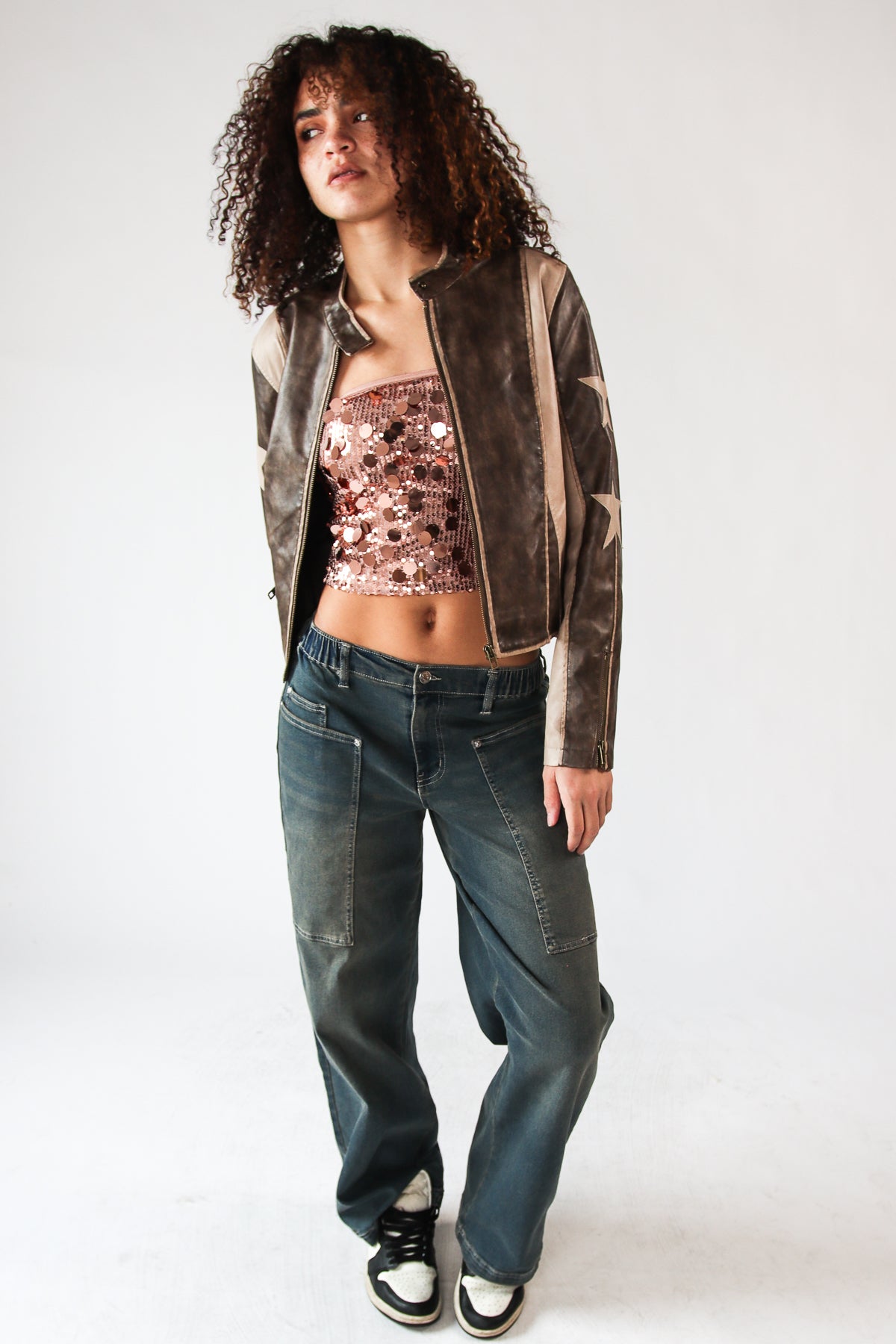 Star Sleeve Brown Moto Jacket