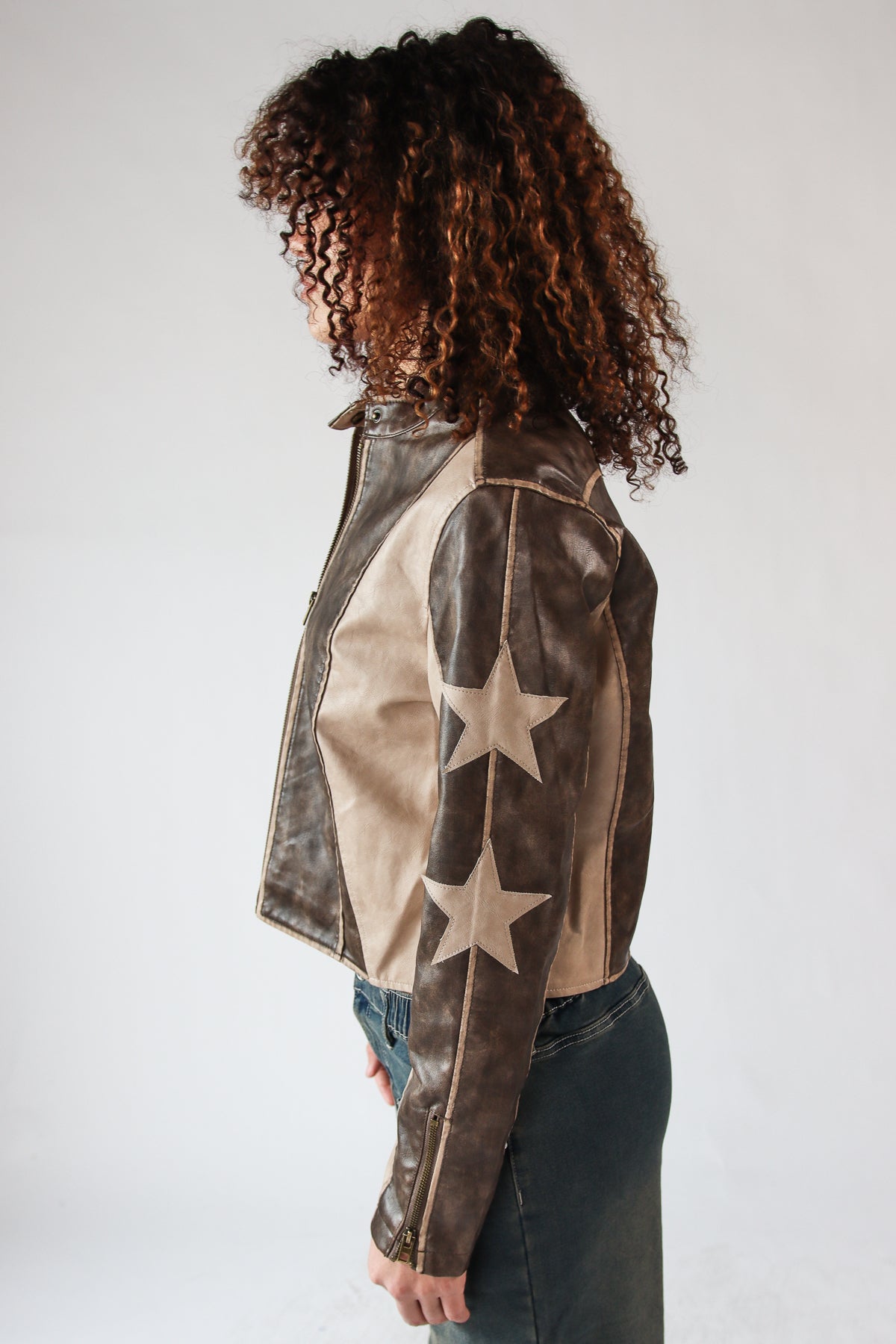 Star Sleeve Brown Moto Jacket