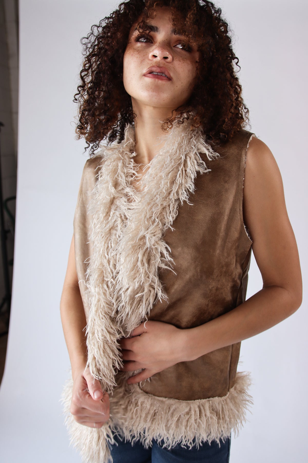Faux Suede & Faux Fur Trim Vest