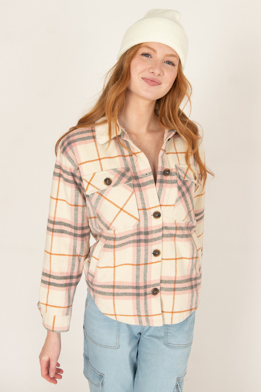 Ivory Sherpa Collar Plaid Trucker Jacket