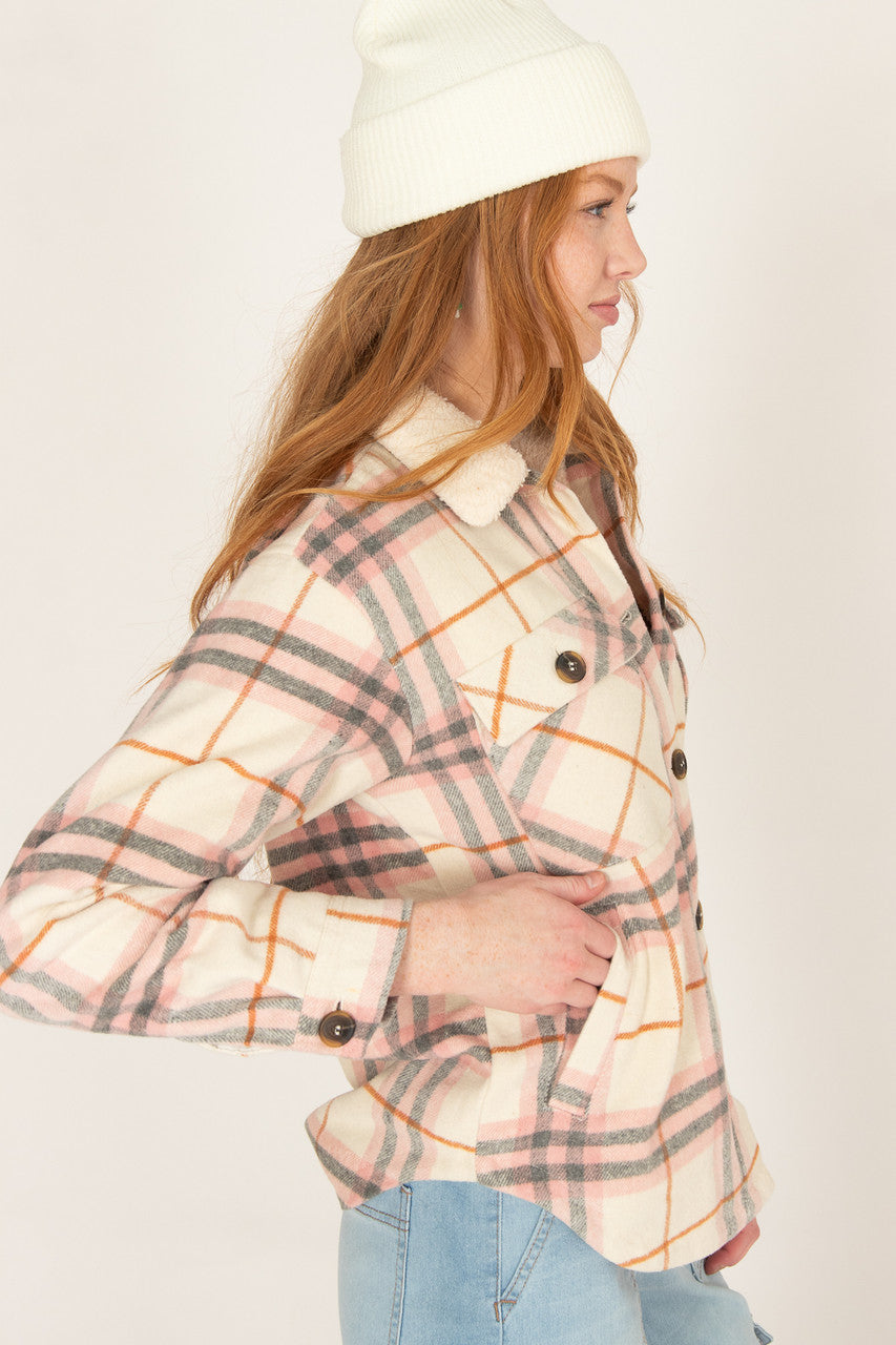 Ivory Sherpa Collar Plaid Trucker Jacket