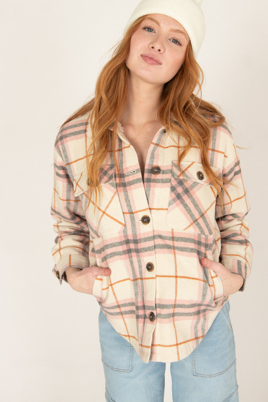 Ivory Sherpa Collar Plaid Trucker Jacket