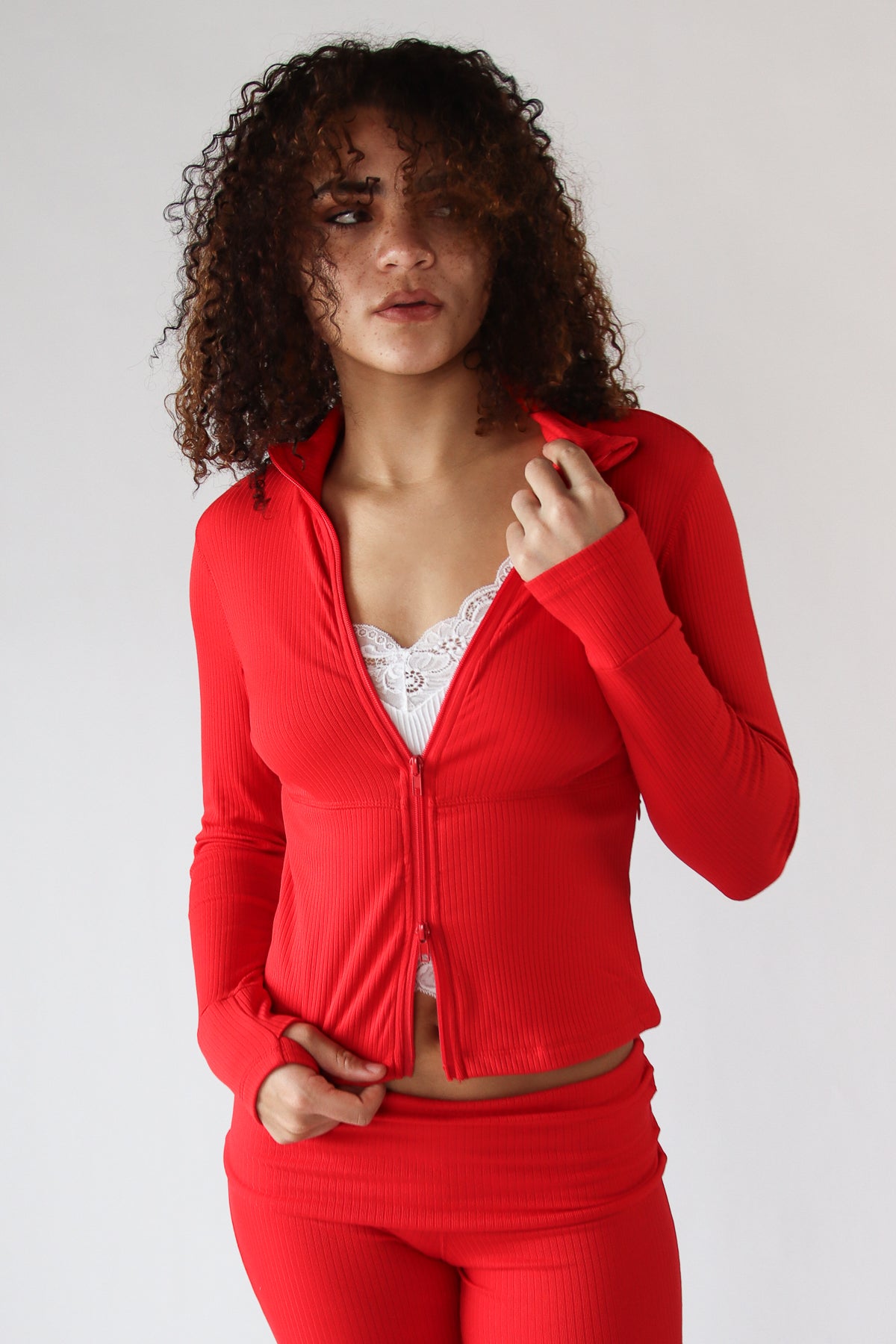 Ribbed Lightweight Fleece Lined Zip Up Top Red