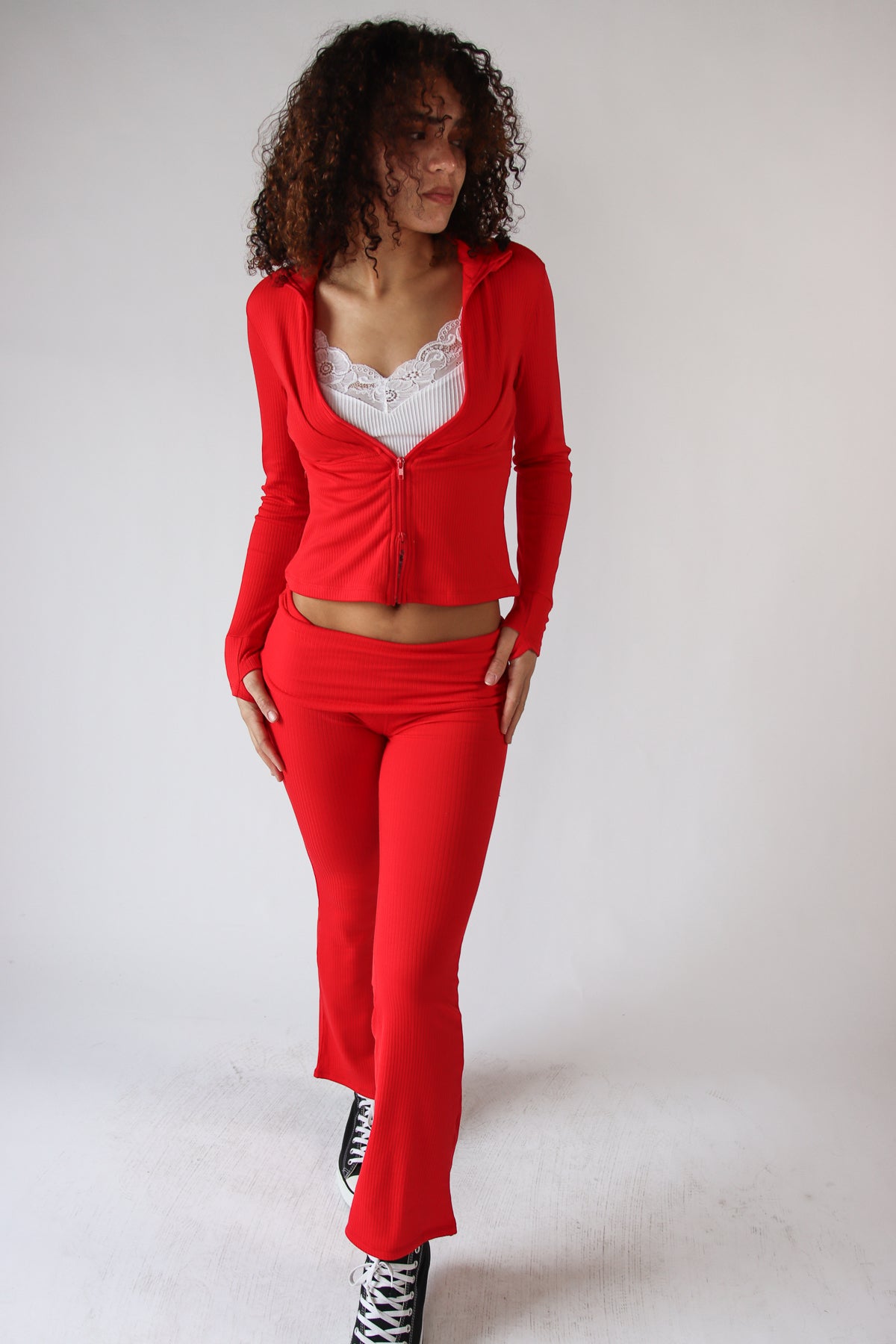 Ribbed Lightweight Fleece Lined Zip Up Top Red