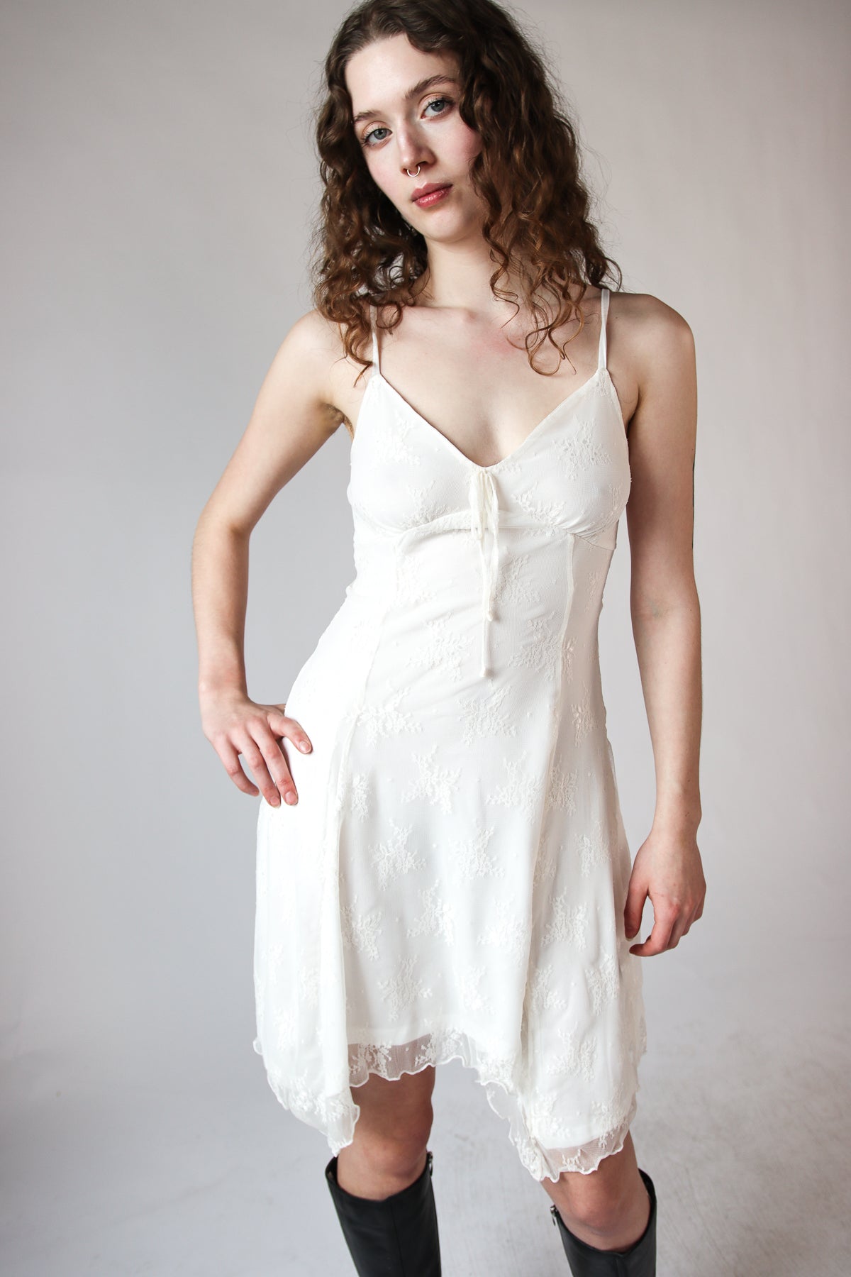 Floral Mesh Lace Hanky Hem Mini Dress