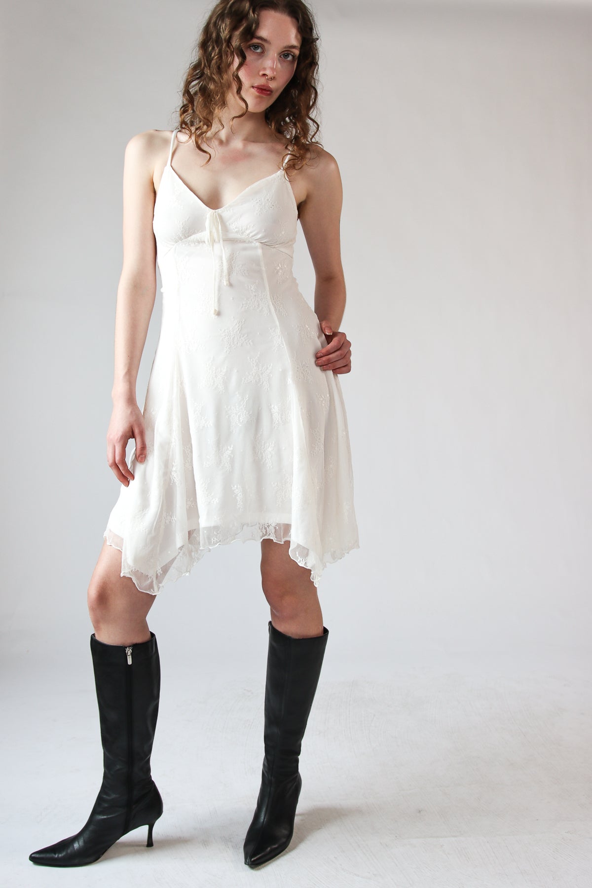 Floral Mesh Lace Hanky Hem Mini Dress