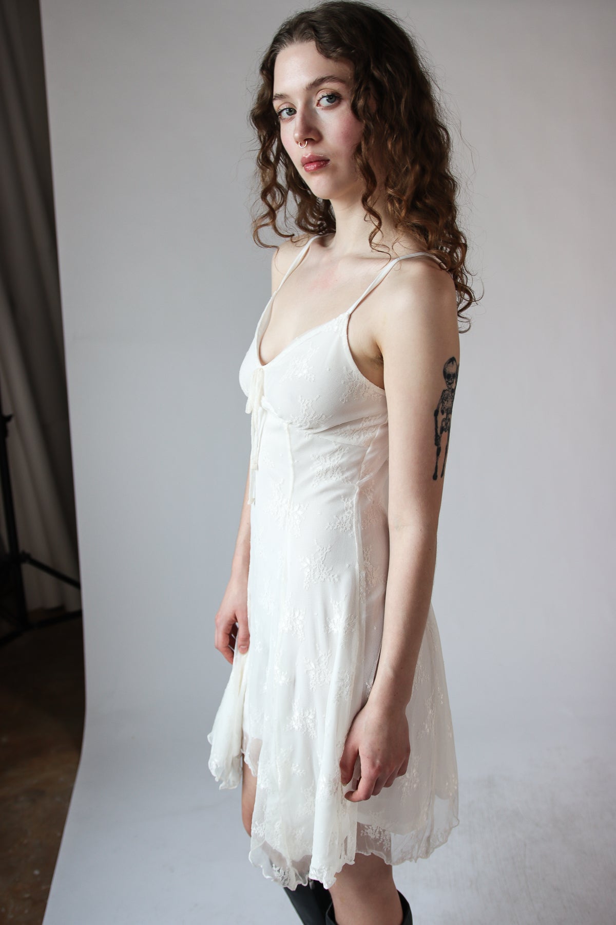 Floral Mesh Lace Hanky Hem Mini Dress