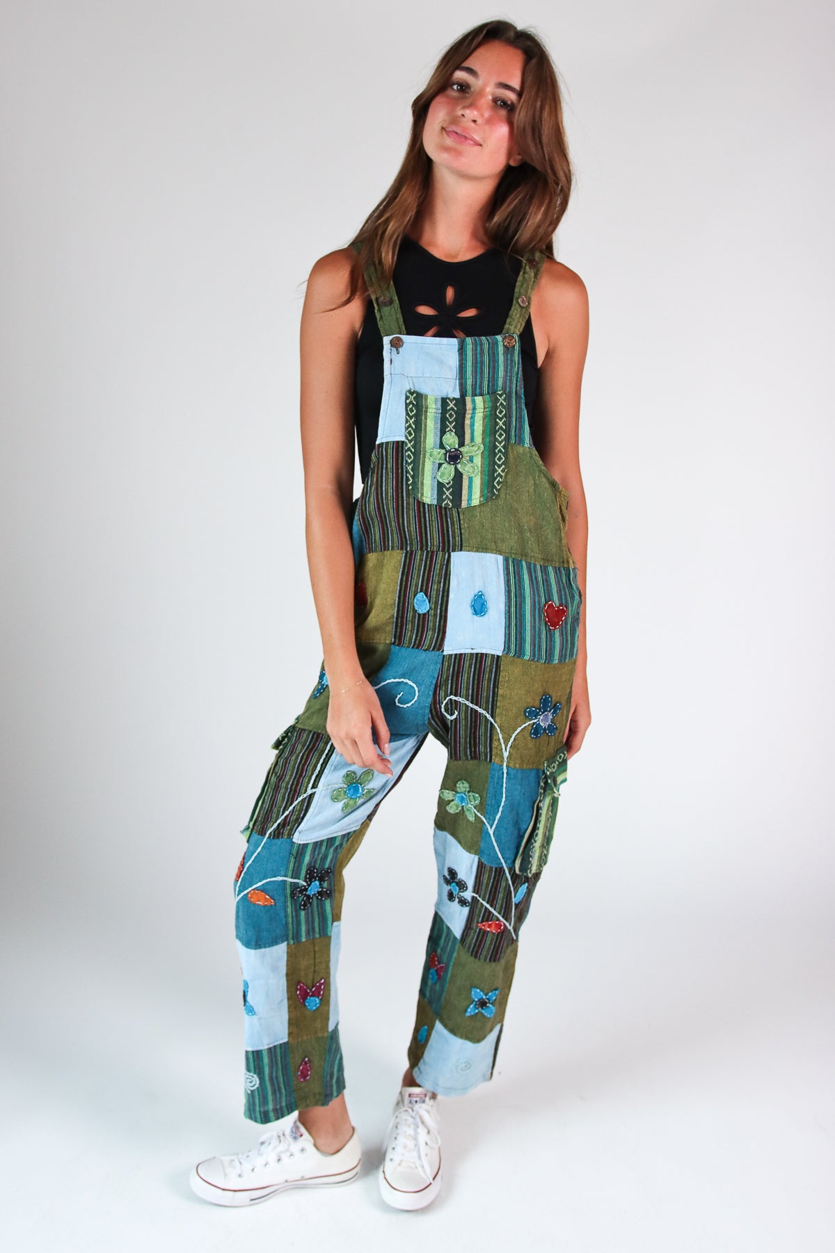 Floral Embroidered Patchwork Overalls