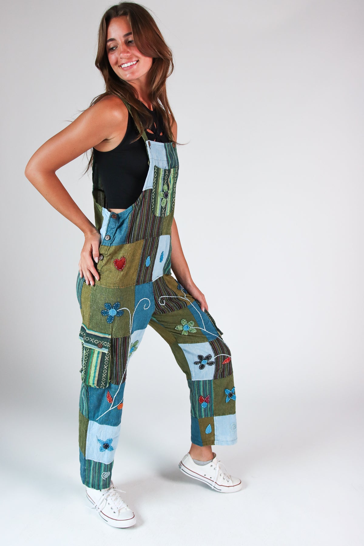 Floral Embroidered Patchwork Overalls