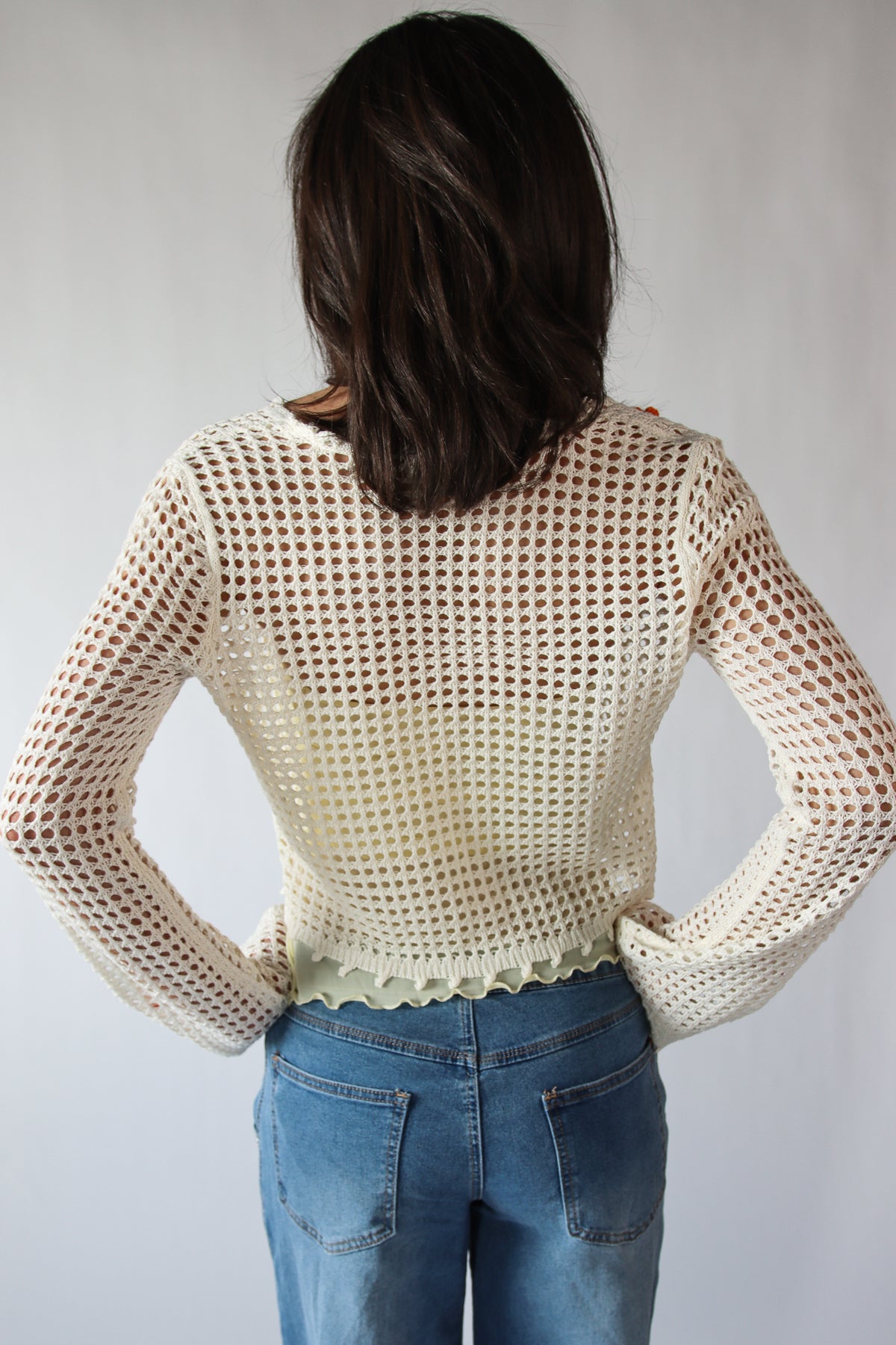 Flower Crochet Mesh Tie Front Cardigan