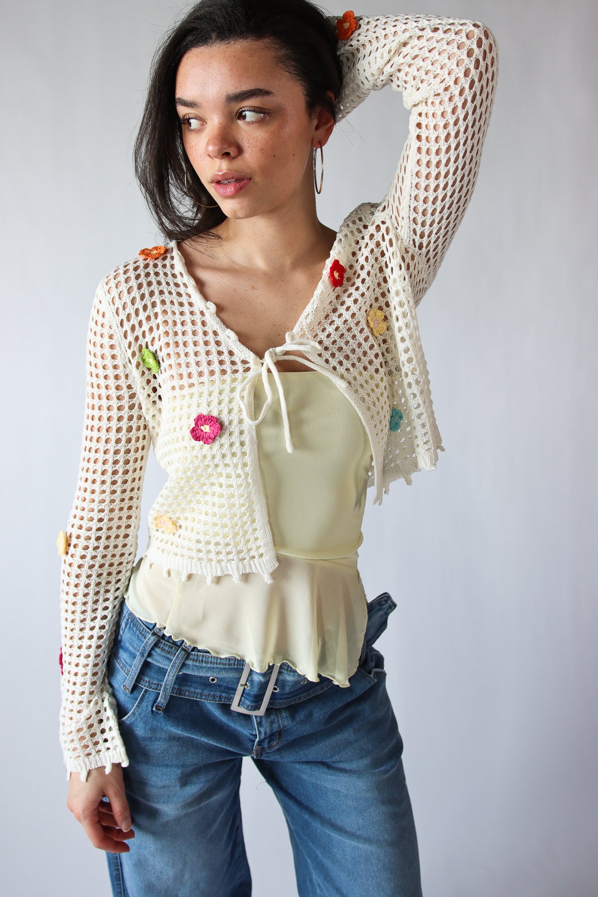 Flower Crochet Mesh Tie Front Cardigan