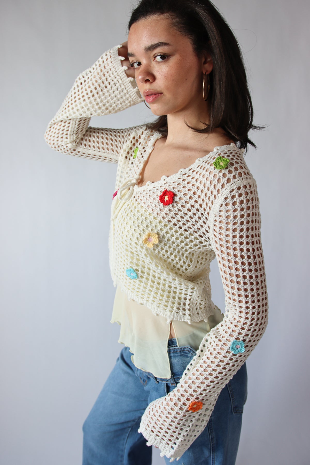 Flower Crochet Mesh Tie Front Cardigan