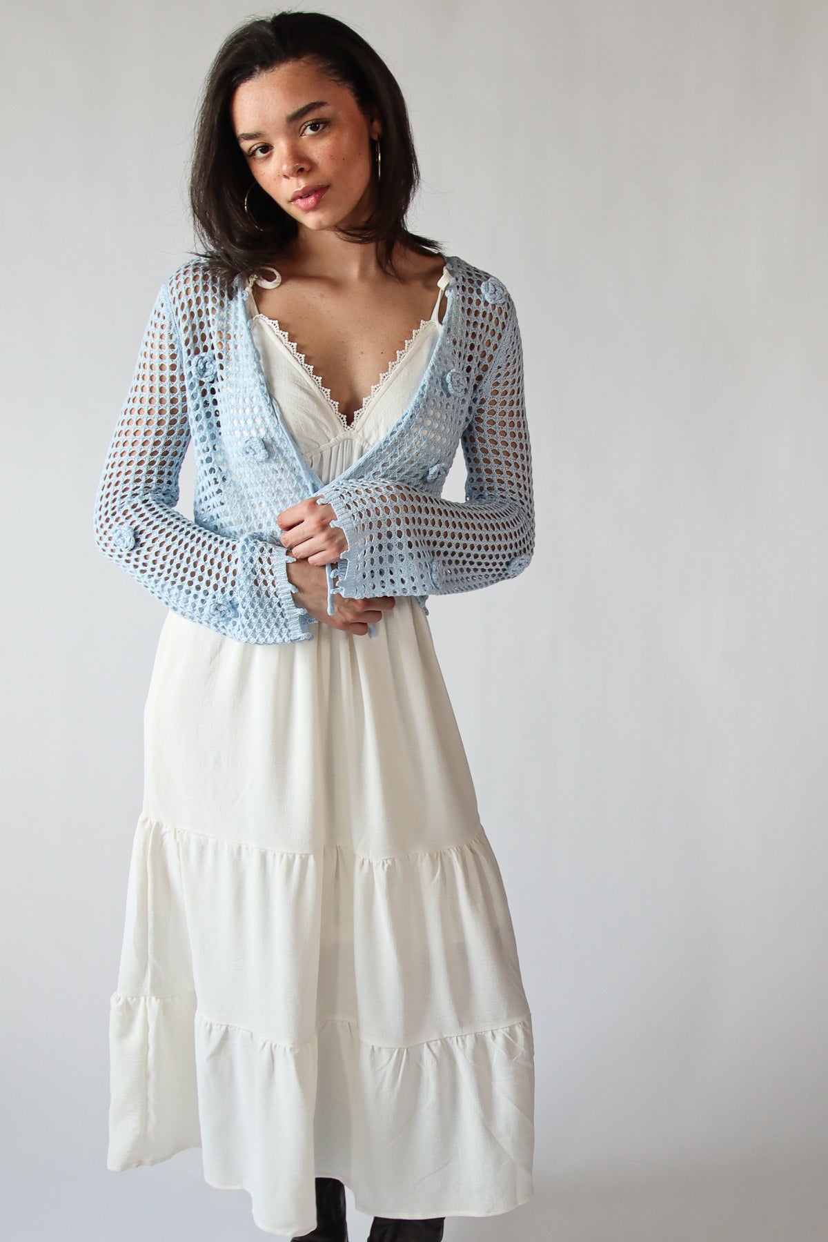 Flower Crochet Mesh Tie Front Cardigan