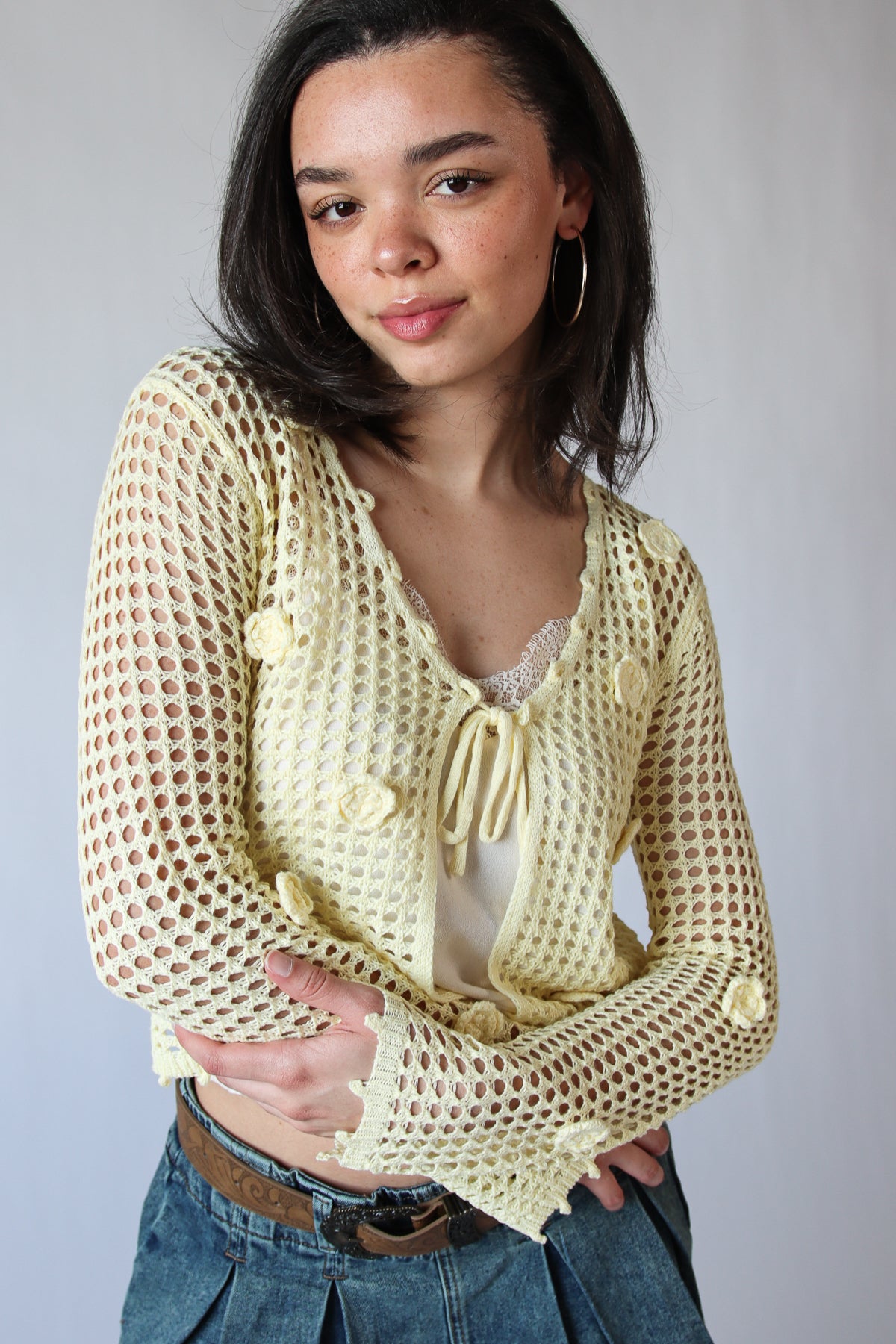 Flower Crochet Mesh Tie Front Cardigan