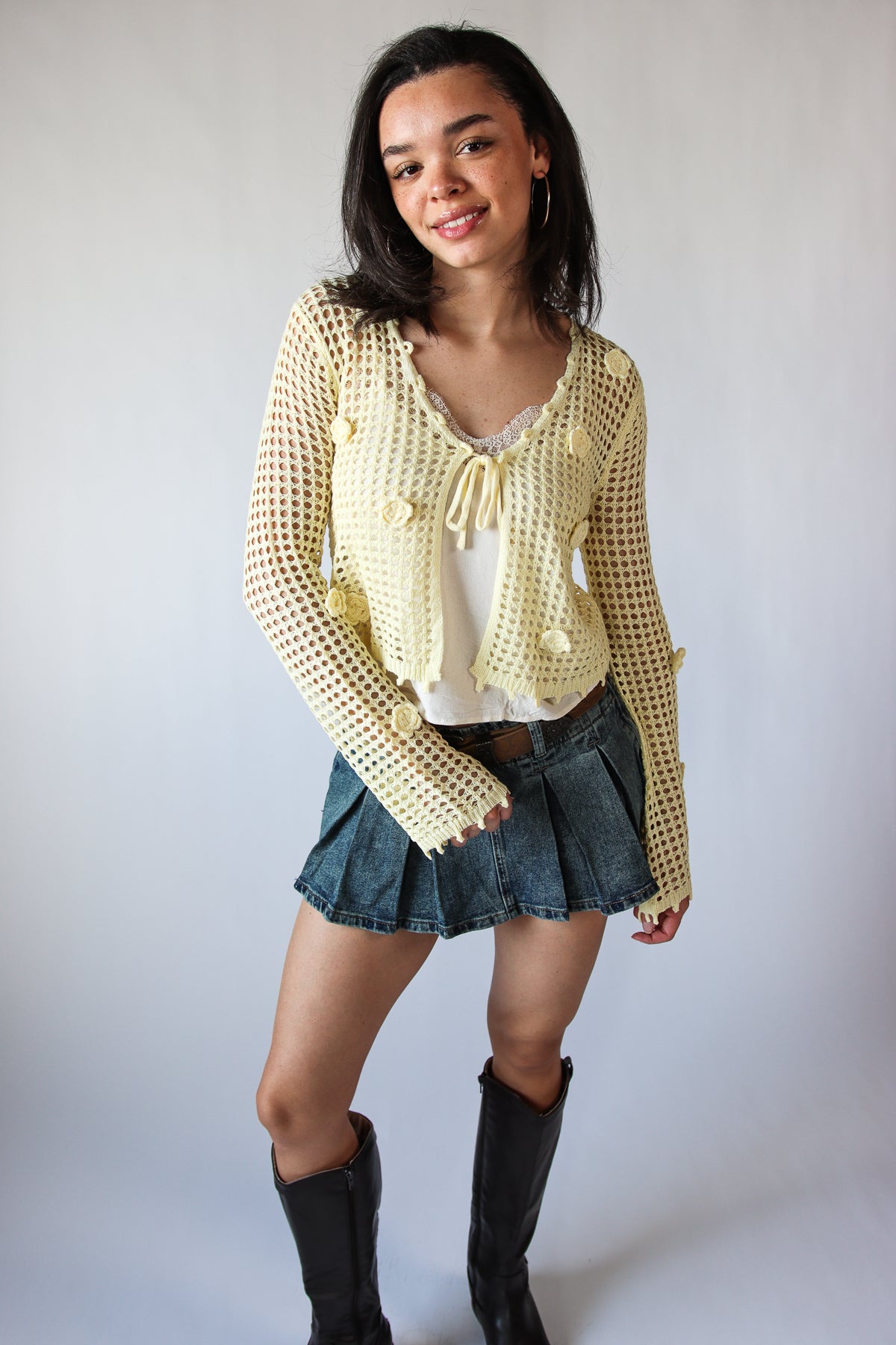 Flower Crochet Mesh Tie Front Cardigan