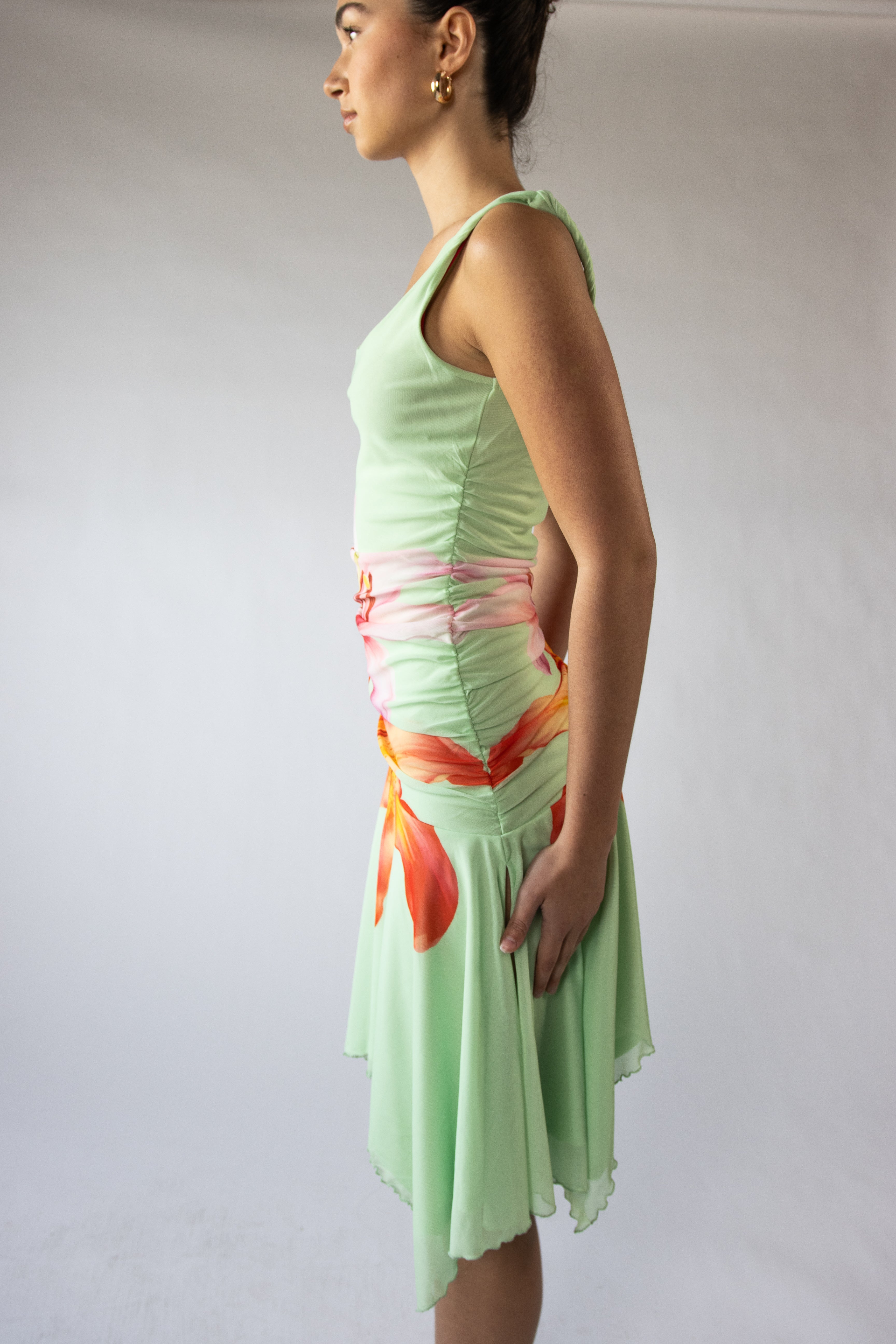 Flower Mesh Hanky Hem Midi Dress
