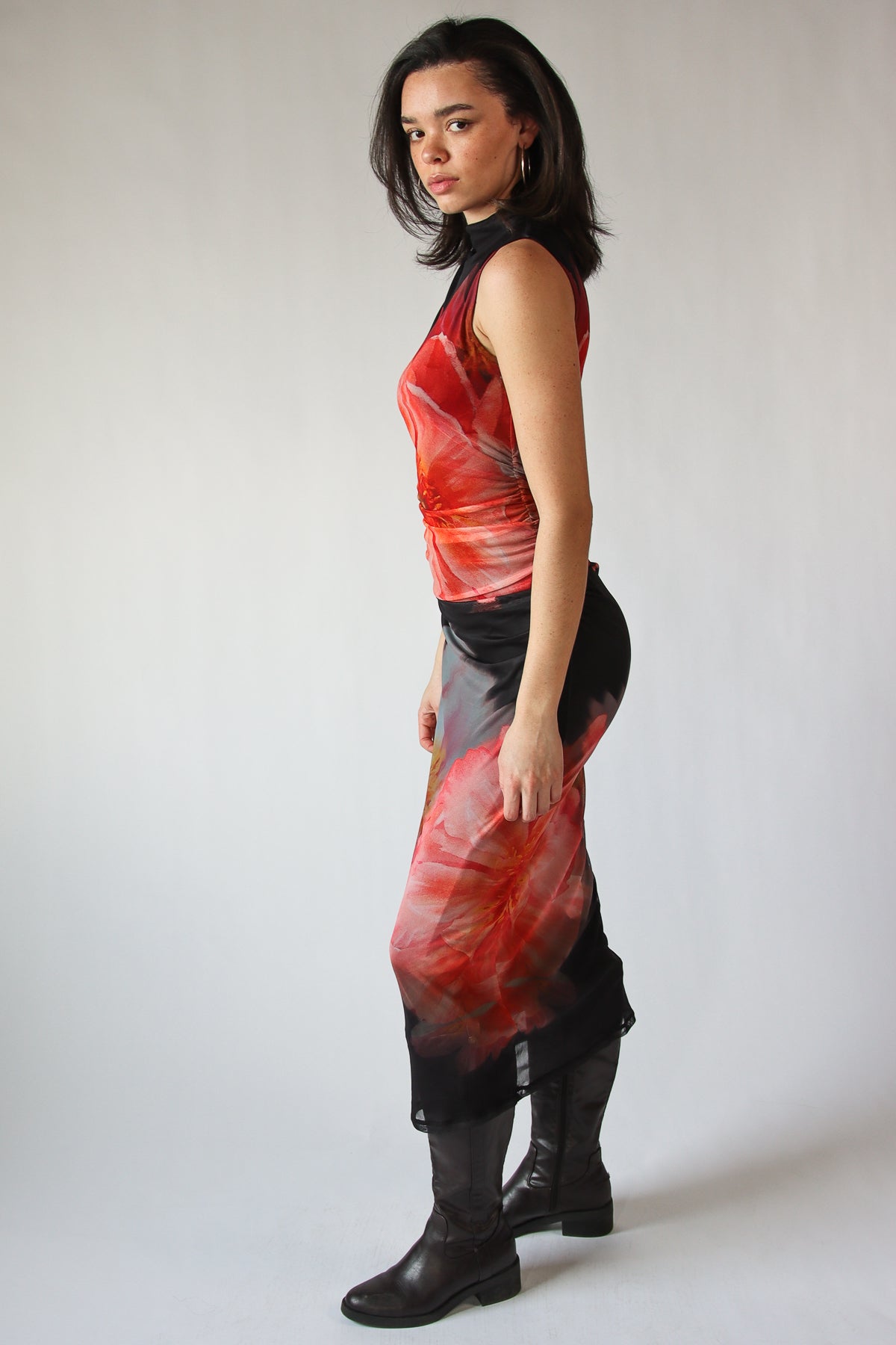 Flower Mock Neck Mesh Maxi Dress