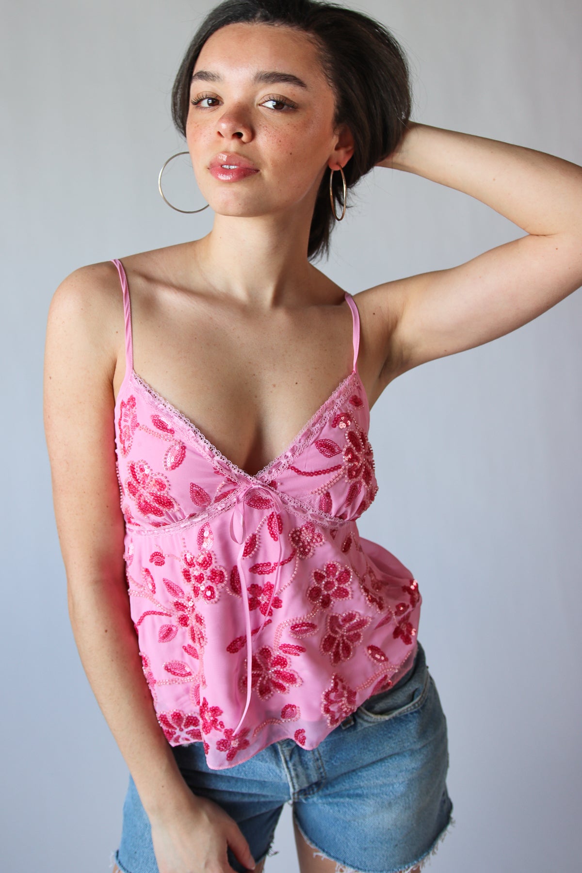 Flower Sequin Beaded Babydoll Top