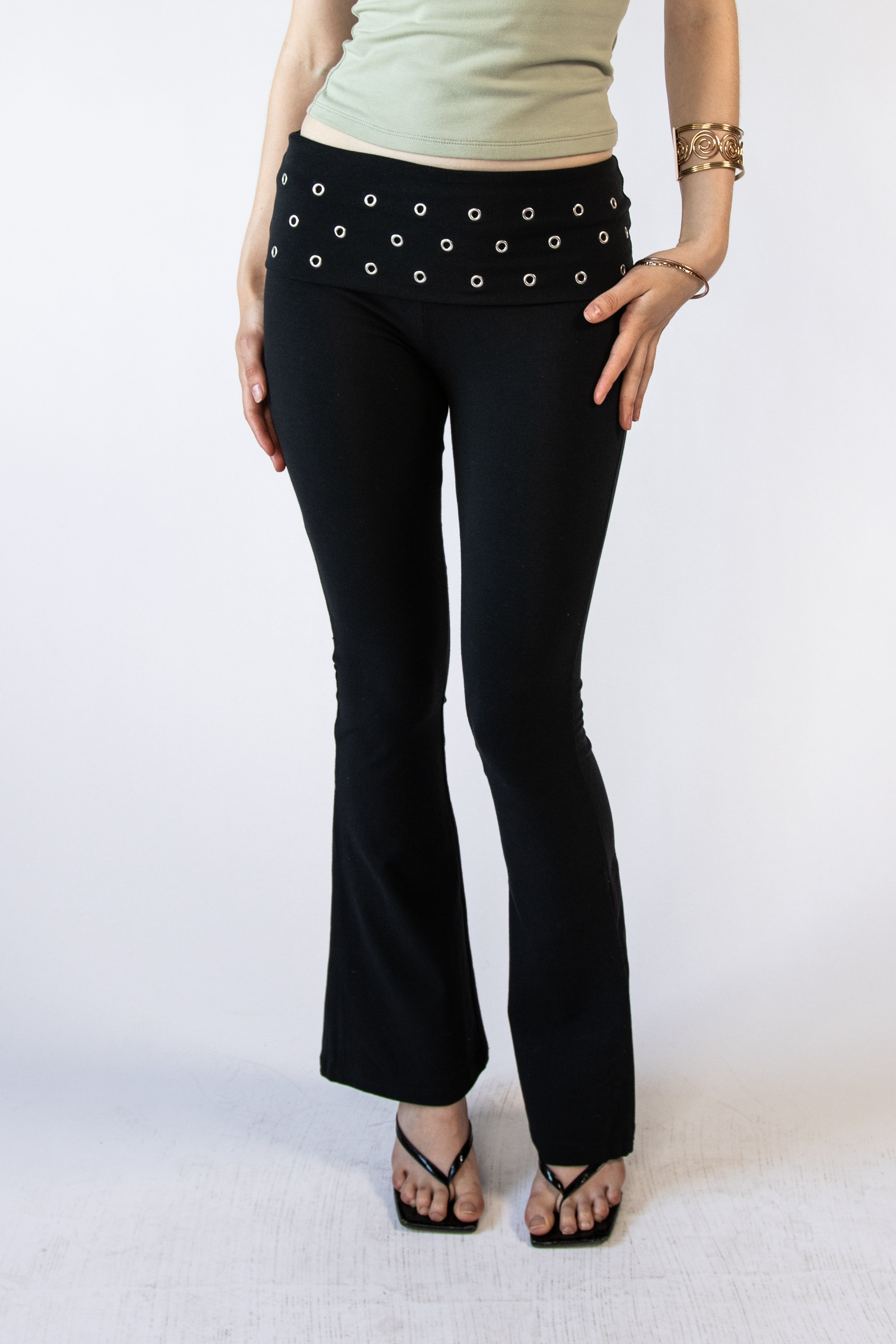 Fold Over Grommet Waistband Flare Pants