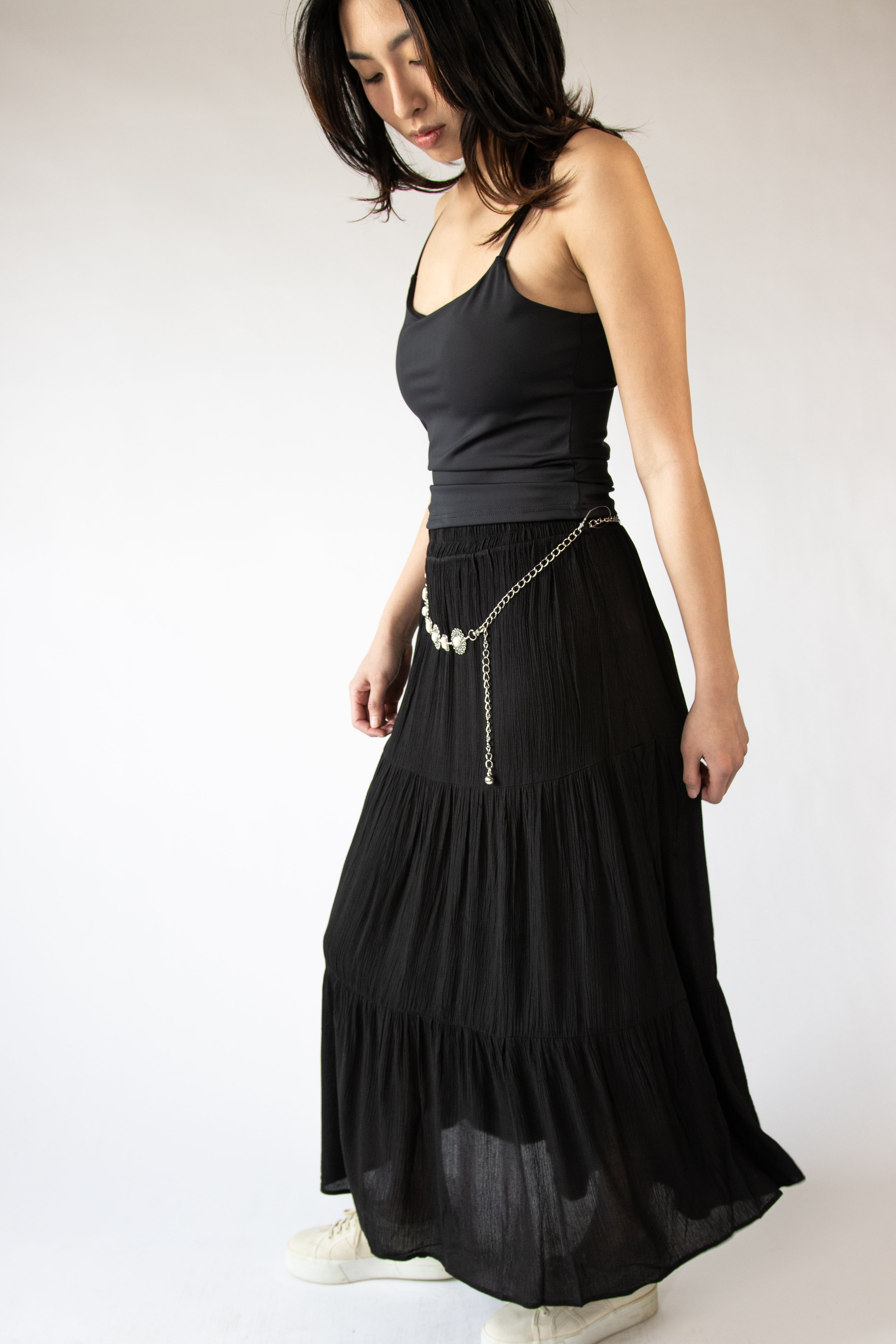 Stone Chain Belt Gauze Maxi Skirt