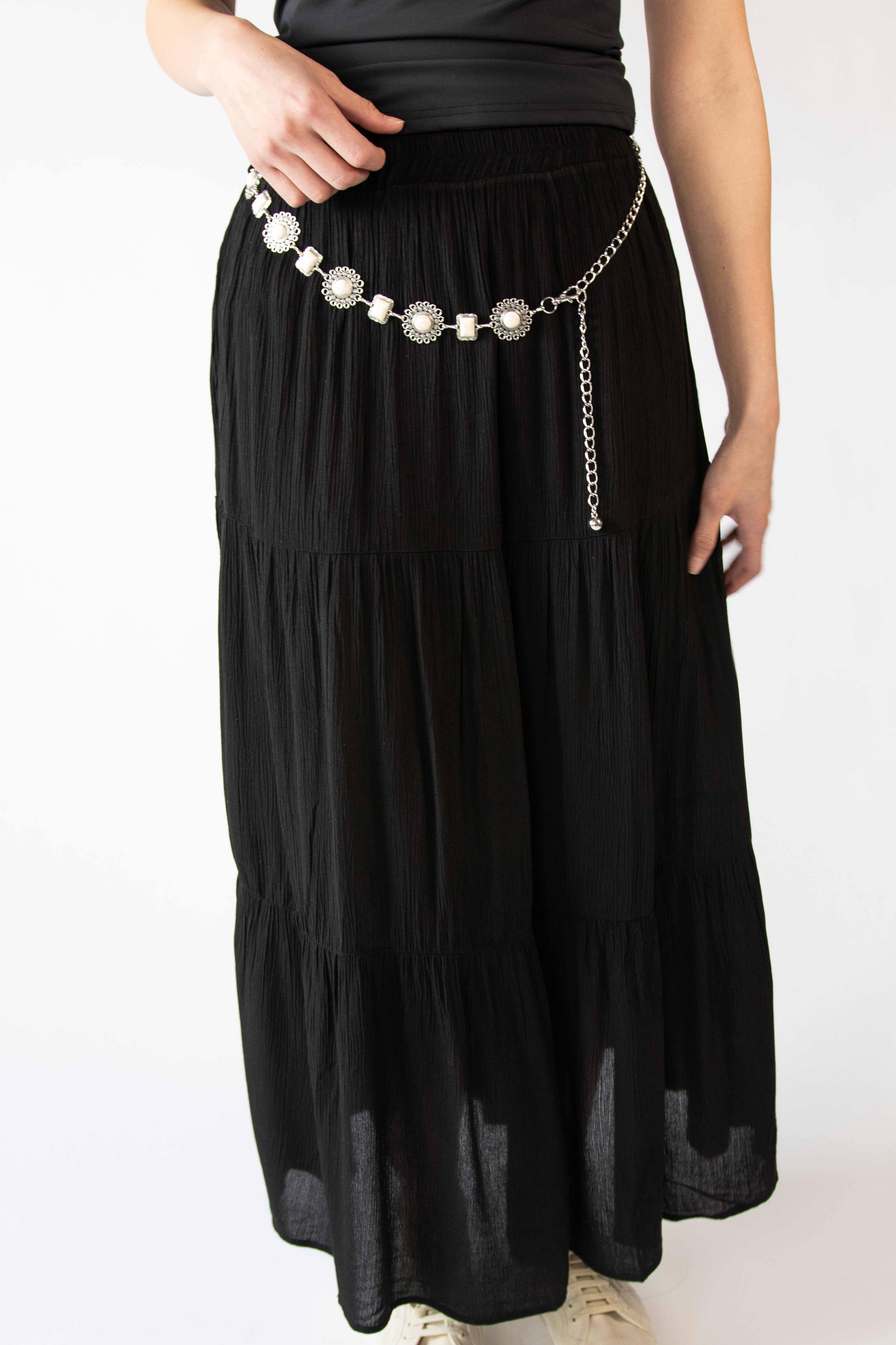 Stone Chain Belt Gauze Maxi Skirt
