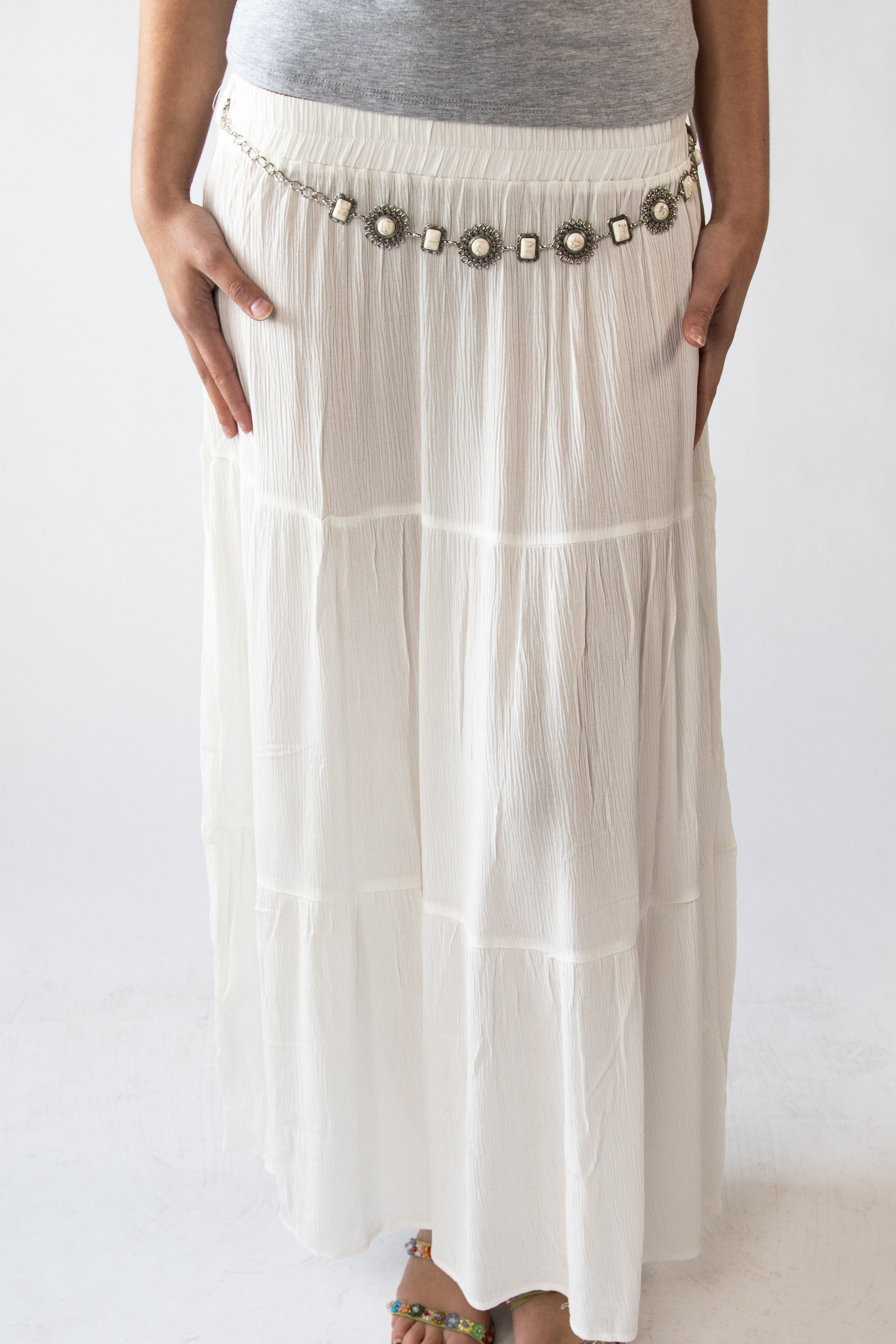 Stone Chain Belt Gauze Maxi Skirt
