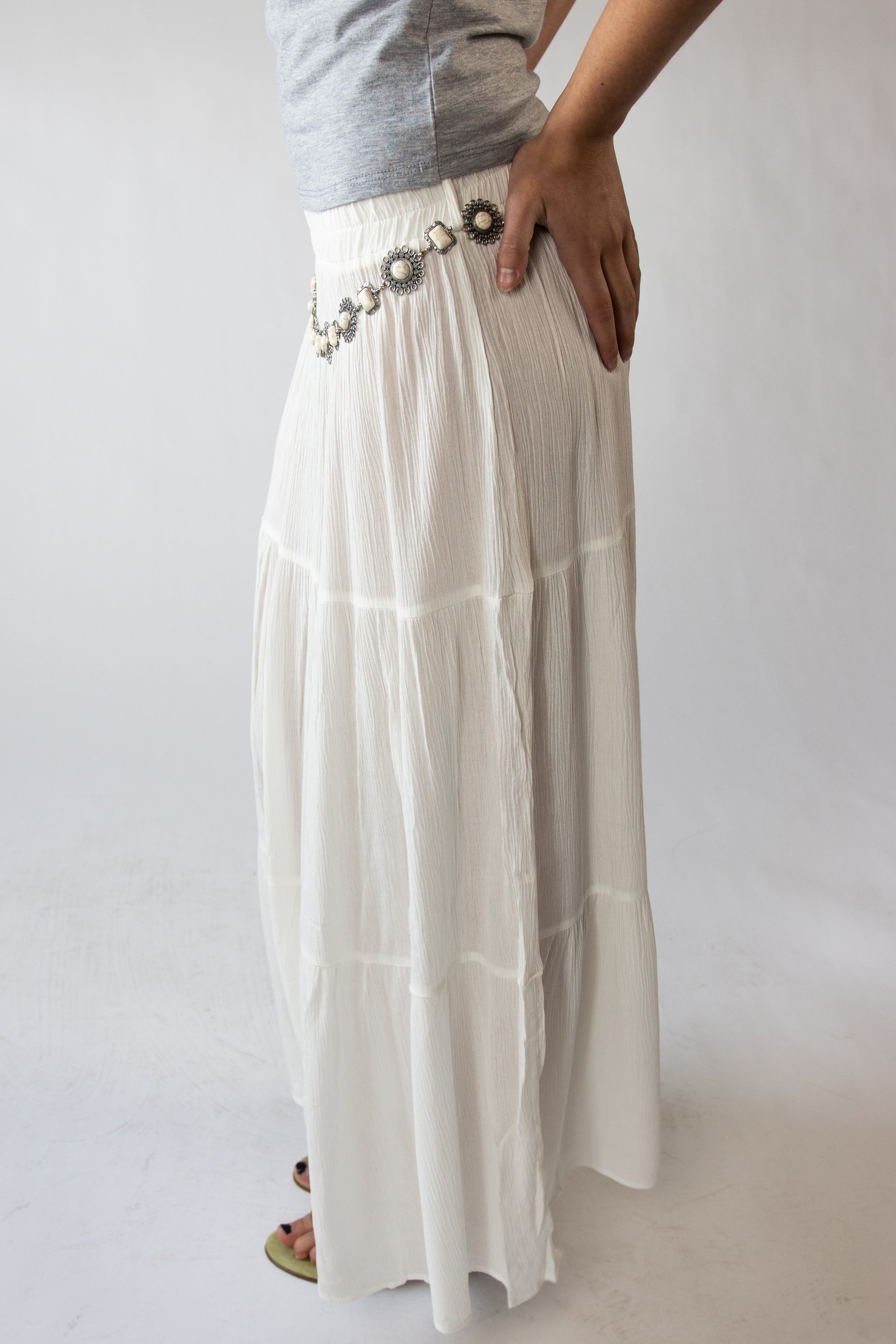 Stone Chain Belt Gauze Maxi Skirt