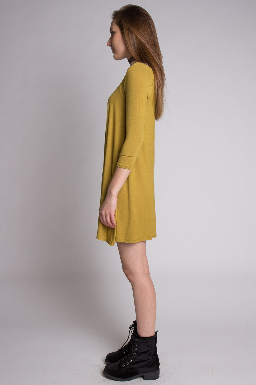 Olive 3/4 Sleeve Criss Cross Back Dress