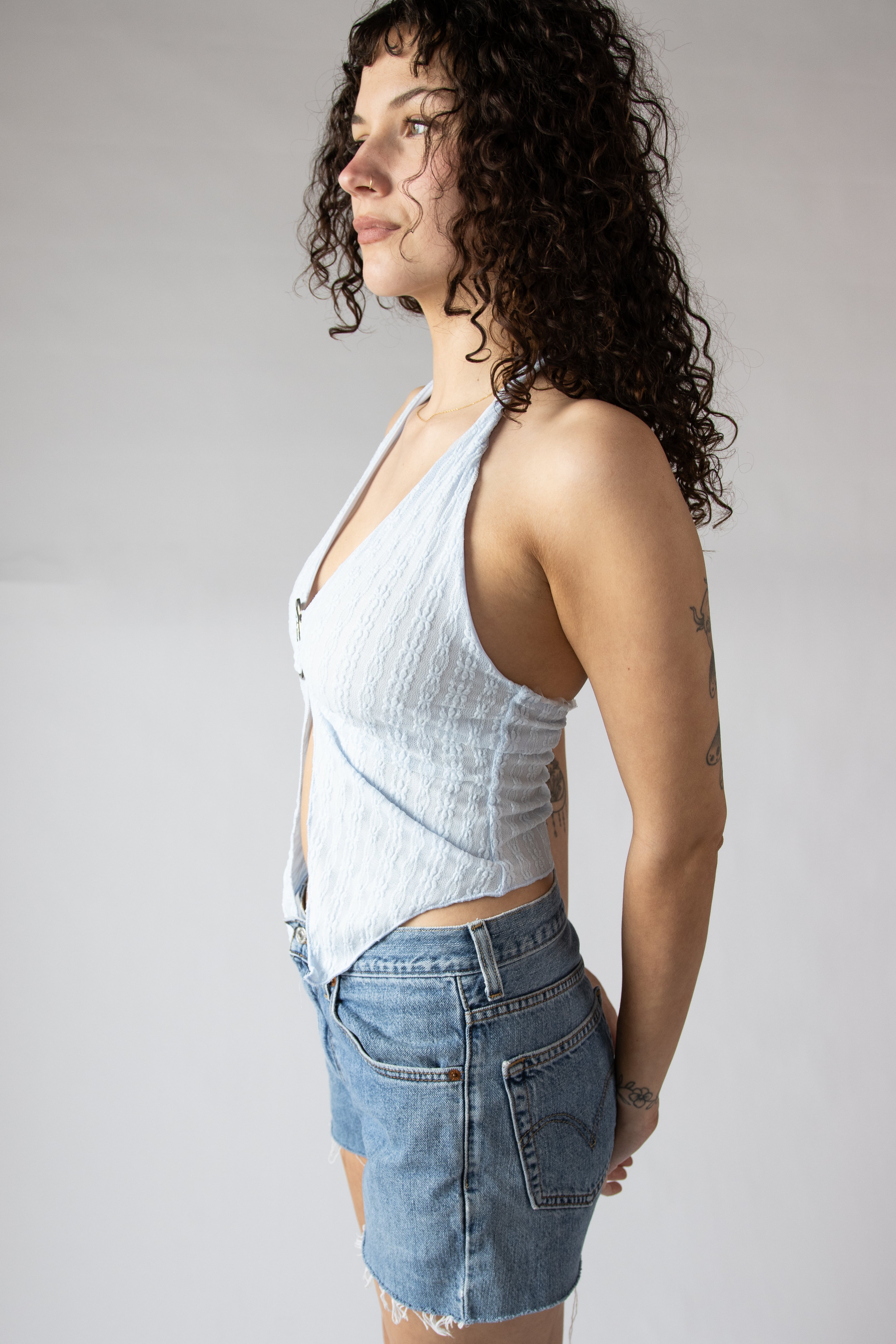 Lace Mesh Buckle Halter Top