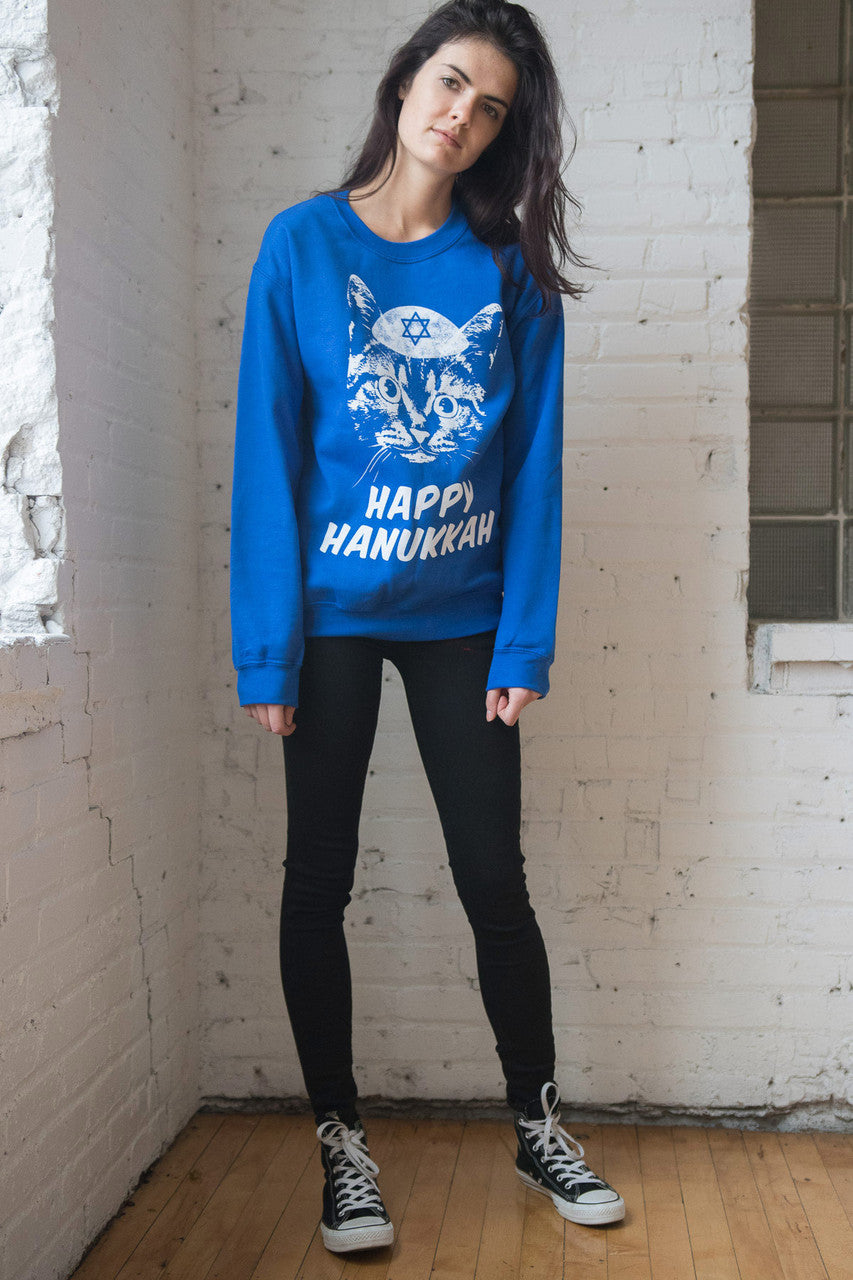 Blue Cat Happy Hanukkah Ugly Christmas Sweatshirt