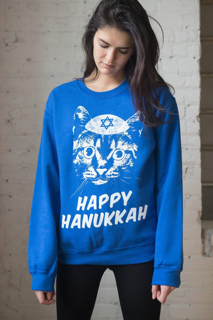 Blue Cat Happy Hanukkah Ugly Christmas Sweatshirt