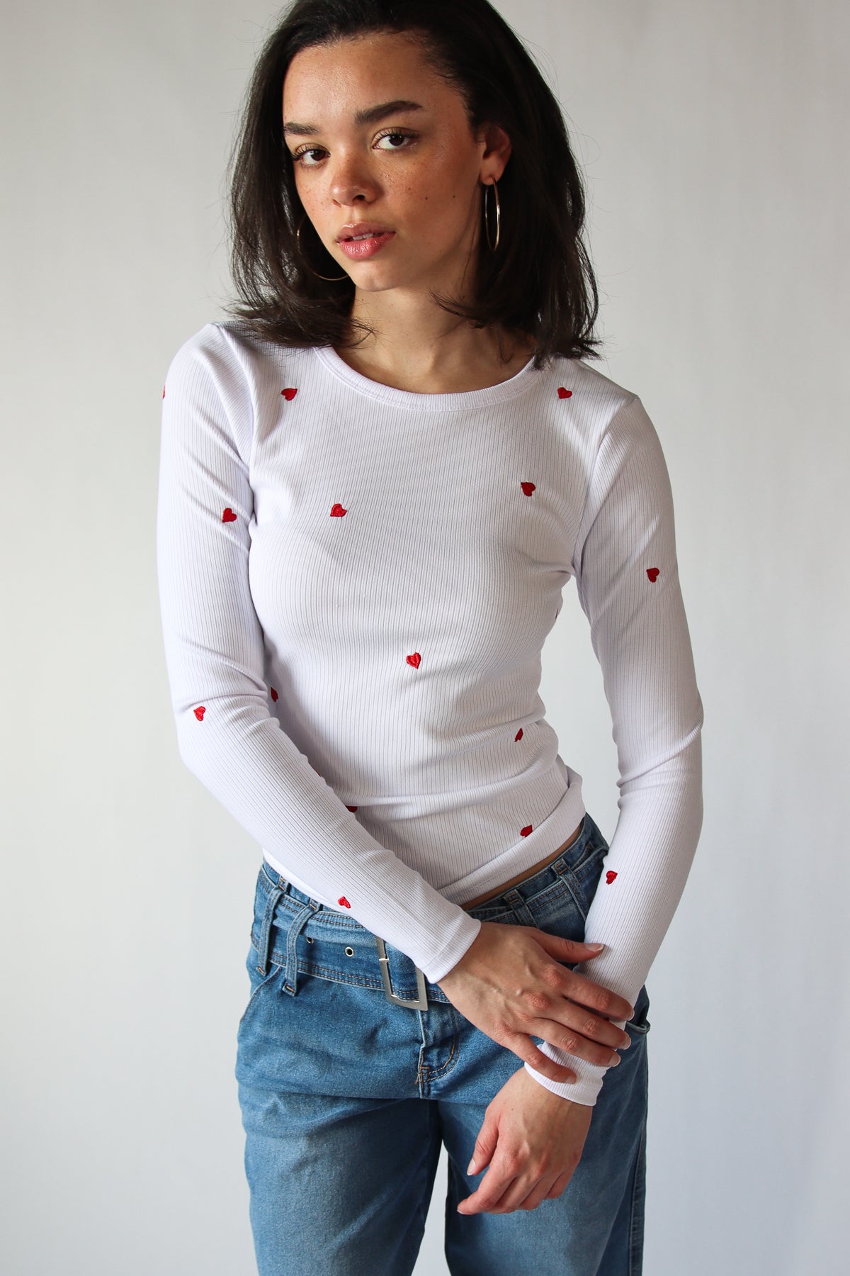 Mini Embroidered Hearts Long Sleeve Top
