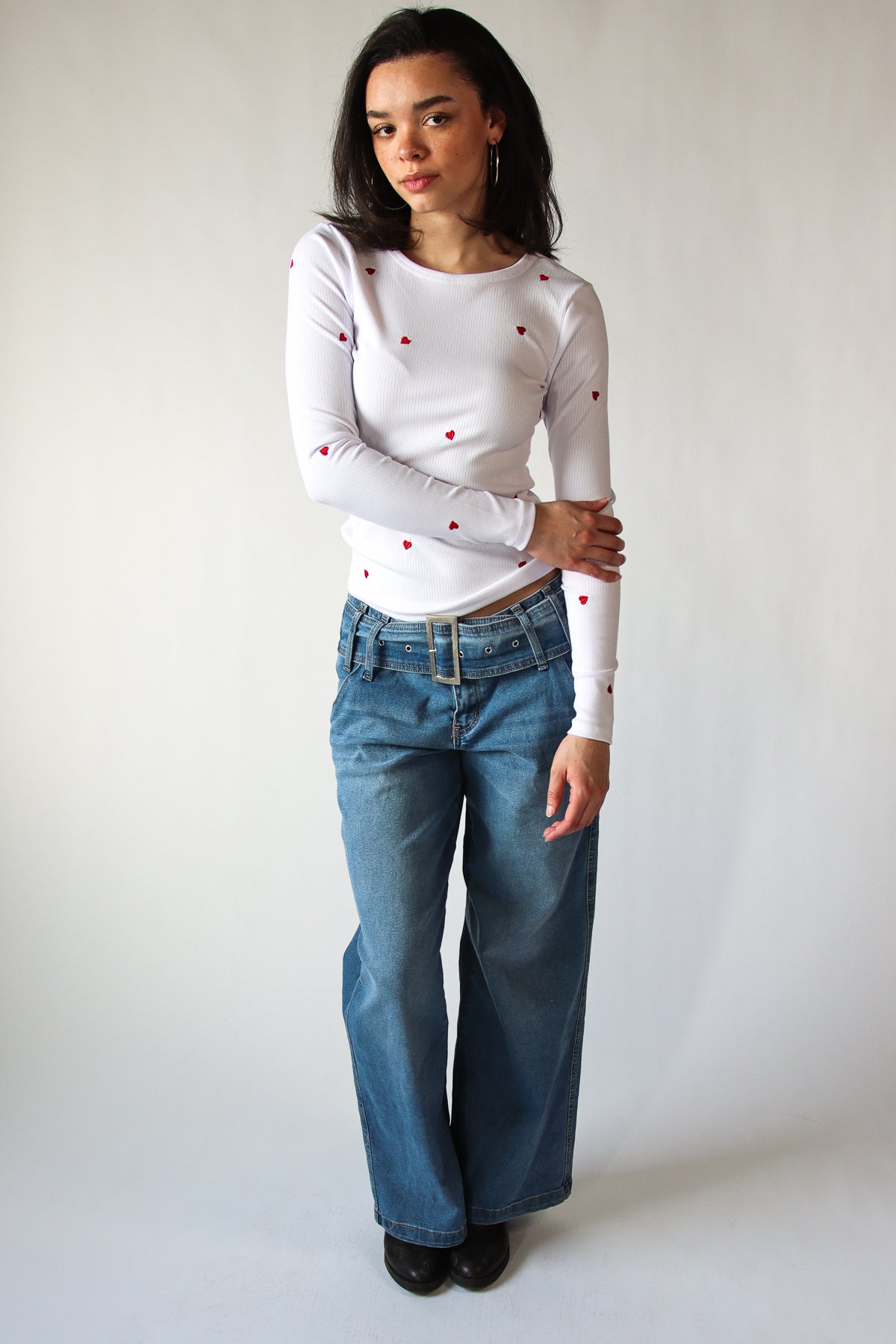 Mini Embroidered Hearts Long Sleeve Top