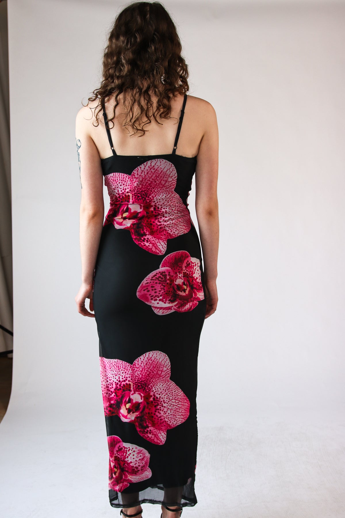 Large Flower Print Mesh Maxi Dress - Black