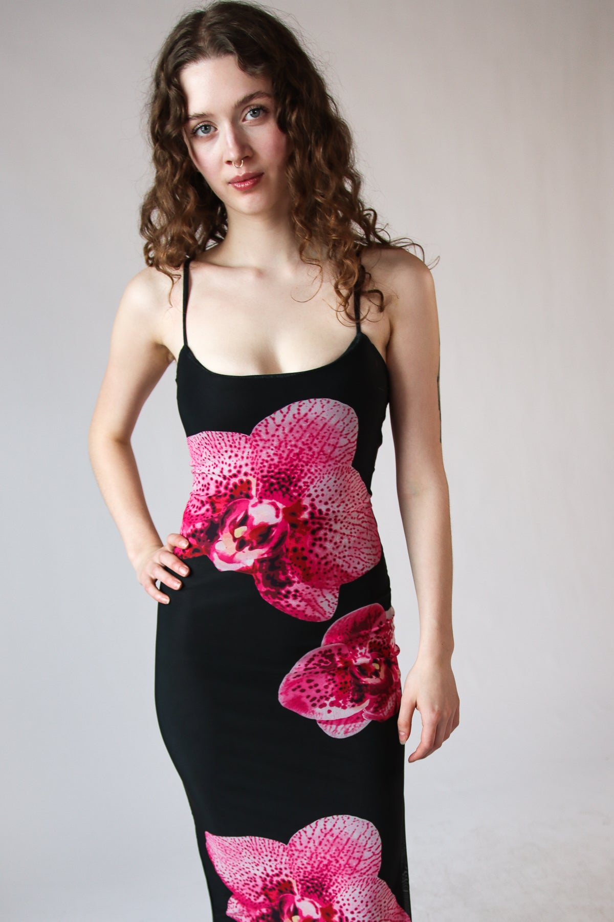 Large Flower Print Mesh Maxi Dress - Black