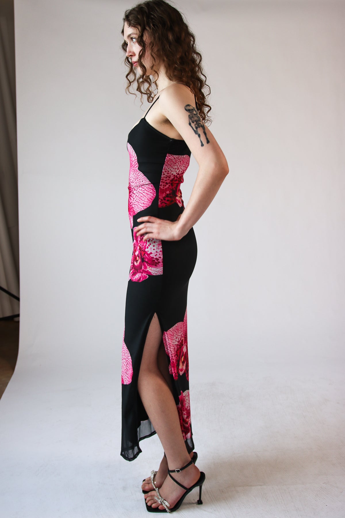 Large Flower Print Mesh Maxi Dress - Black