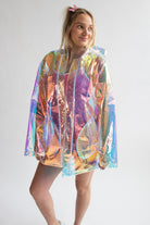 Woman wearing iridescent holographic jacket